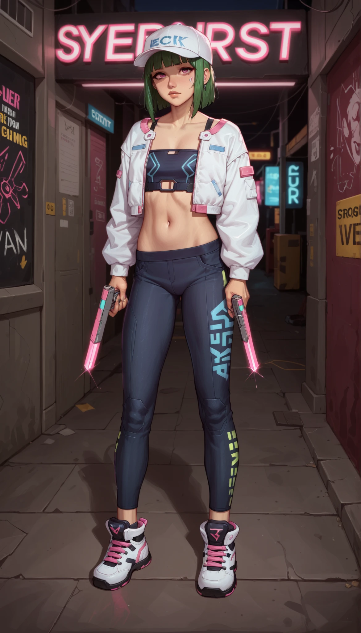 Masterpiece, the best quality, high quality, ultra detailed, master-piece, hyper quality, hyper detailed, perfect drawing, excellent and accurate human body anatomy, sexy body figure, slim figure, 1 female, pink eyes, short green hair (with white cap), wearing sexy cyberpunk themed clothes, looks so cute, serious expression, wielding futuristic weapons, ((full body)), youthful, cyberpunk city background, neon lights and futuristic vibe, sexy cute,