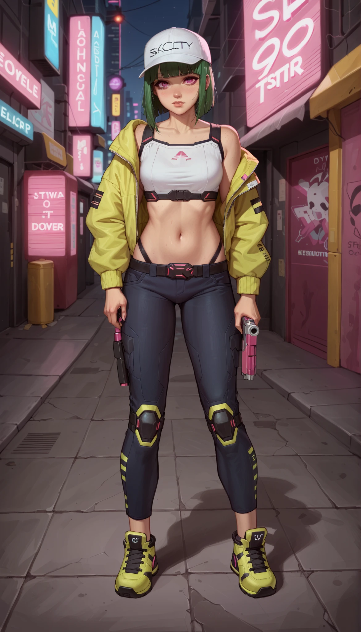 Masterpiece, the best quality, high quality, ultra detailed, master-piece, hyper quality, hyper detailed, perfect drawing, excellent and accurate human body anatomy, sexy body figure, slim figure, 1 female, pink eyes, short green hair (with white cap), wearing sexy cyberpunk themed clothes, looks so cute, serious expression, wielding futuristic weapons, ((full body)), youthful, cyberpunk city background, neon lights and futuristic vibe, sexy cute,