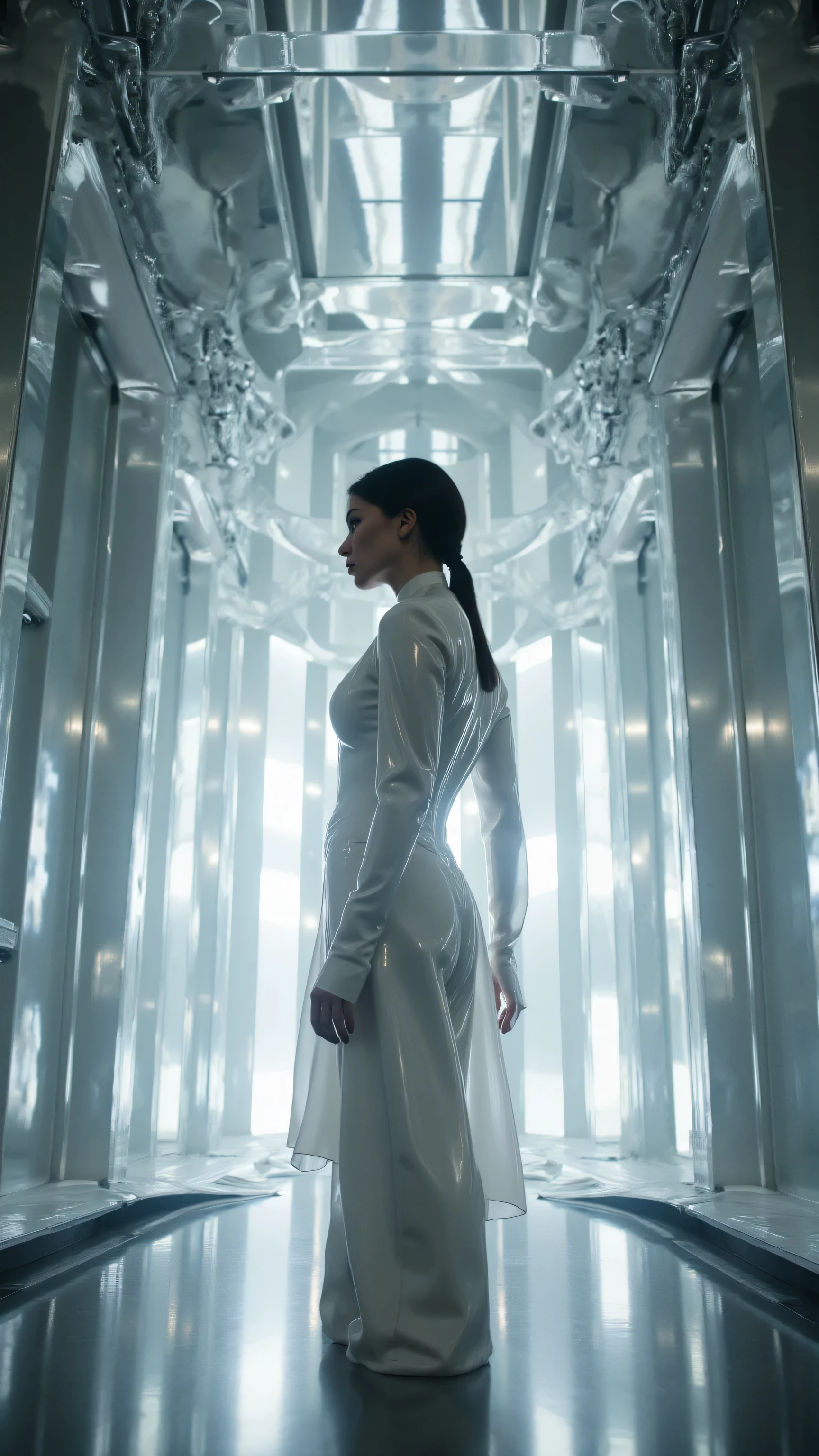 A chrome-and-glass cathedral interior made entirely of reflective surfaces. A solitary figure in a sleek white latex restraint corset stands at the altar, lit only by refracted beams of white light bouncing off a thousand mirrors. The mirrors depict alternate timelines of her own body.