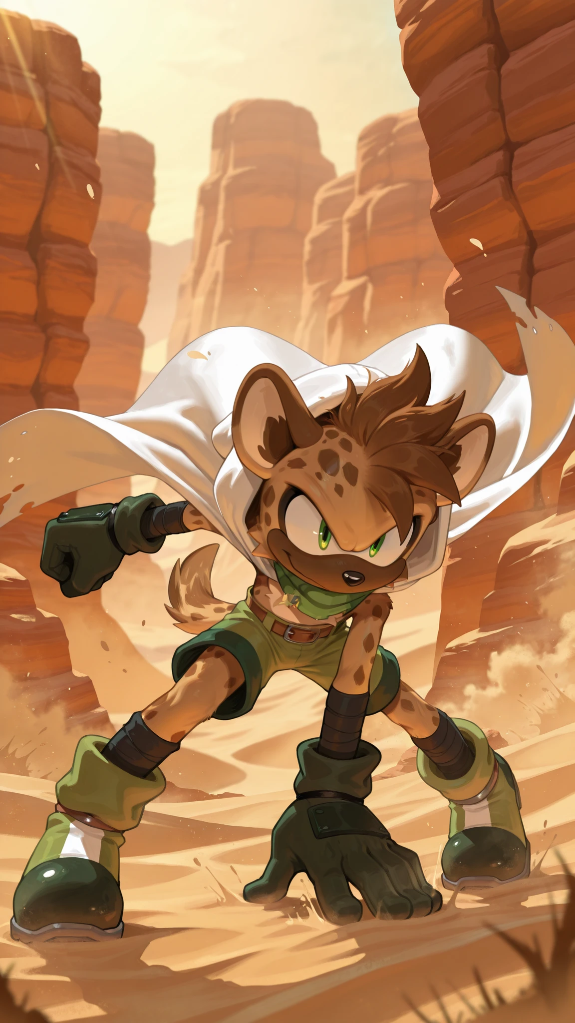 masterpiece, best quality, amazing quality, very aesthetic, high resolution, ultra-detailed, absurdres, newest, scenery, furry, anthro, sonic \(series\), 1boy, male furry, hyena, brown messy hair, shorts hair, green scarf, green eyes, green boots, black soles, green eyes, in middle of the desert, day, dynamic pose, white hood, white cape, no clothes, green shorts, no genitalia, solo, BREAK, depth of field, detailed fluffy fur, volumetric lighting, sand_storm, green gloves, black bandages on gloves, brown belt
