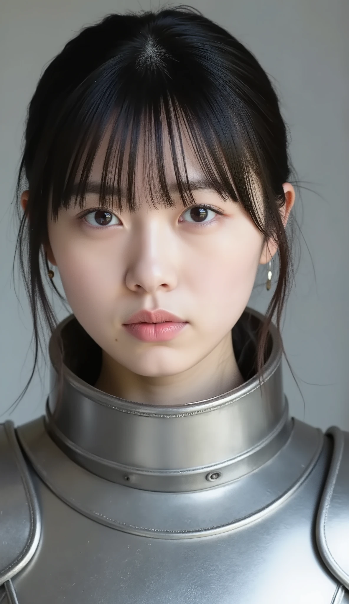 neat young woman wearing luxurious silver armor、、female knight、、、ear piercings、looking at camera、looking directly in front、歯を見せた笑顔、、face close-up、grey background、