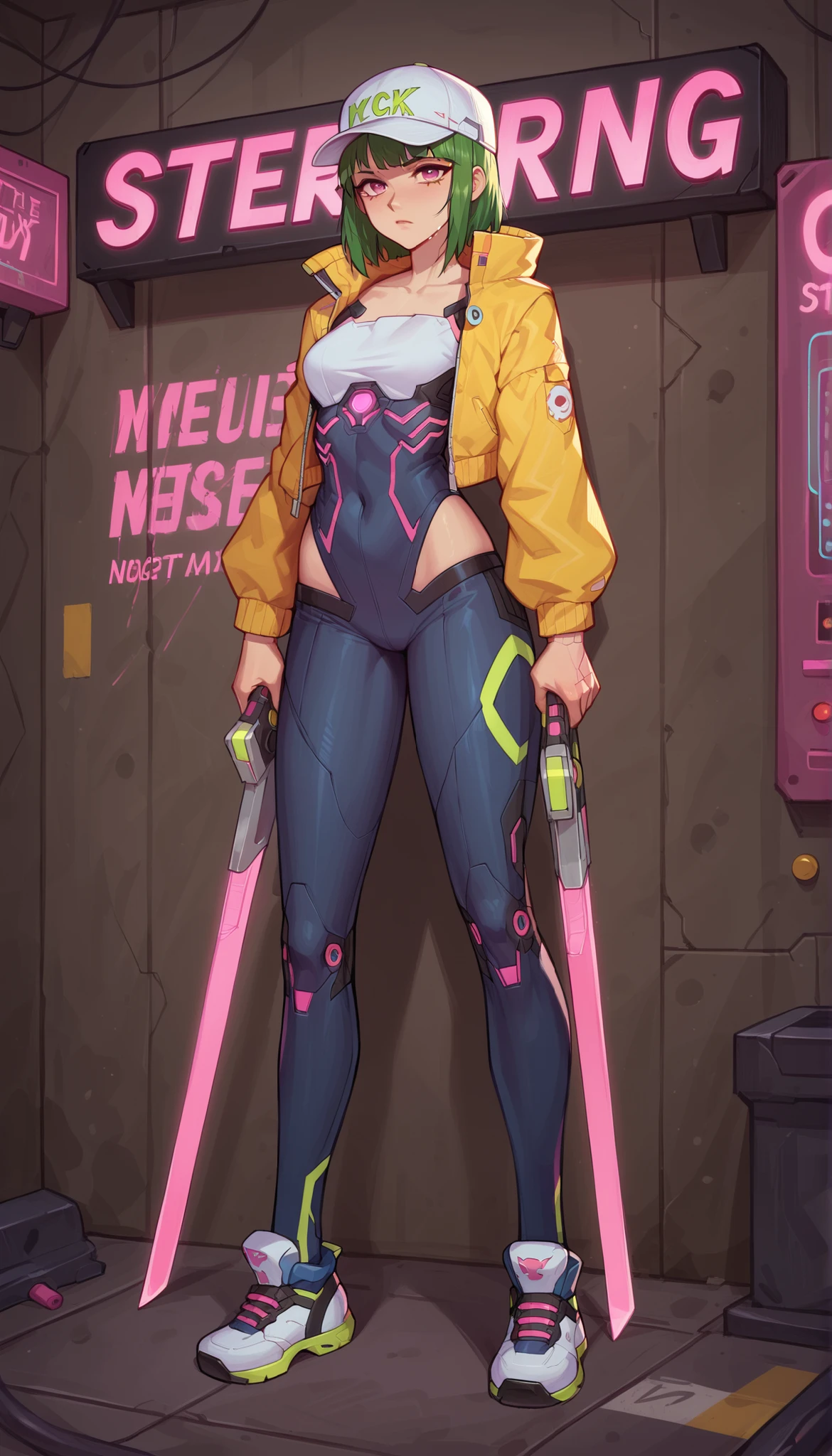 Masterpiece, the best quality, high quality, ultra detailed, master-piece, hyper quality, hyper detailed, perfect drawing, excellent and accurate human body anatomy, sexy body figure, slim figure, 1 female, pink eyes, short green hair (with white cap), wearing sexy cyberpunk themed clothes, looks so cute, serious expression, wielding futuristic weapons, ((full body)), youthful, cyberpunk city background, neon lights and futuristic vibe, sexy cute,