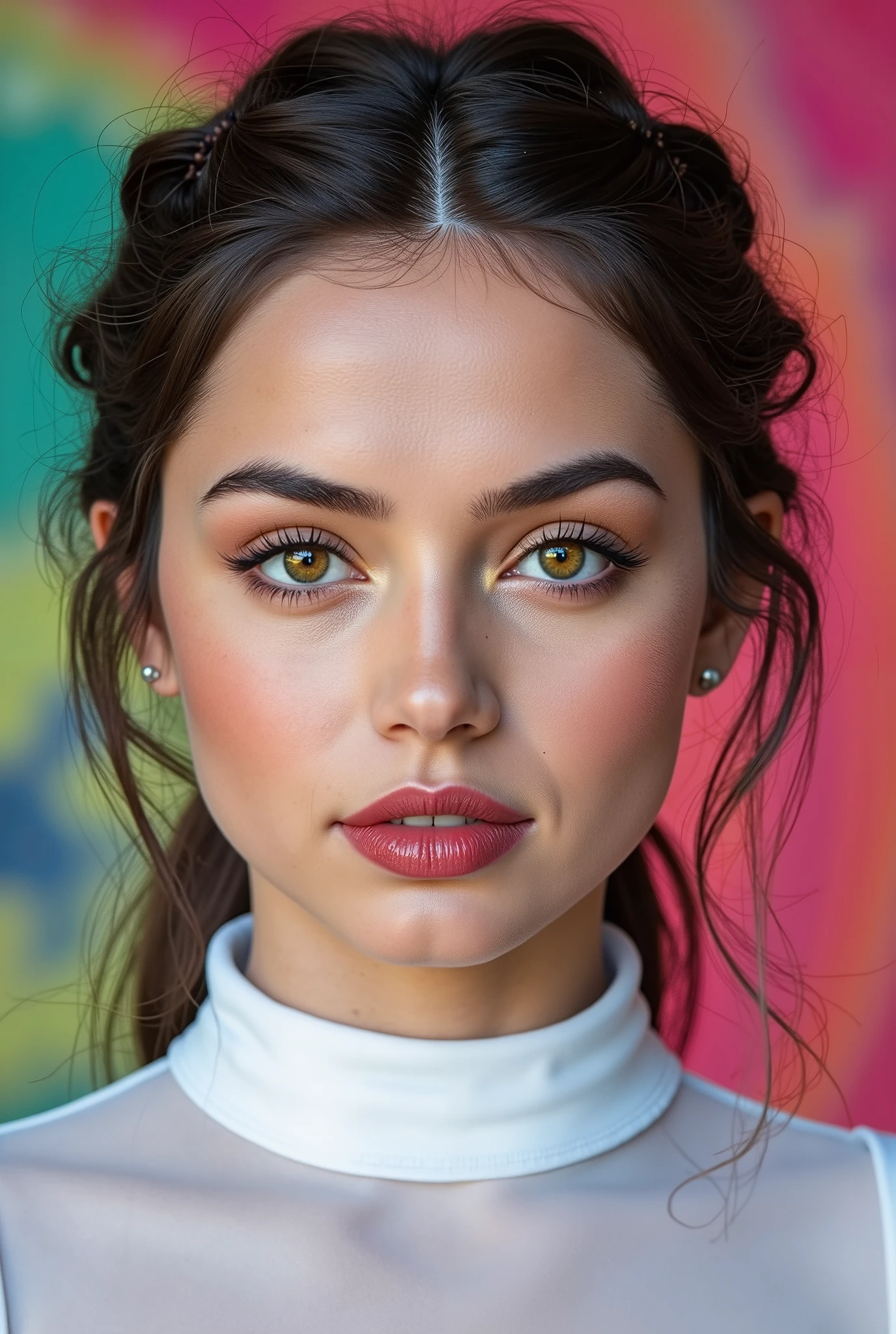 Rahmen,Young Girl,Teen Girl,ana: realistic studio photo of a model like Ana de Armas starlet. full body
GR:"🌟:ultra high resolution, fotorealistisch, in the style of a hyperdetailed beauty portraits with Zeiss Otus 85mm light, anatomically perfect skin and eye texture, subtle white frame around the entire image, low frame with rose ornaments"
"🌌:psychedelic Voronoi background in bright neon pastel , Pink und Lime, weich verschwommen, so that the face remains absolutely sharp, soft beauty dish light from front, fine catch lights in the eyes"
"😈:Model Ana de Armas, 20 Jahre, slim build, firm breasts, dark hair in precise braided braid with visible split ends realism and neon light refractions, flawless velvety skin with fine pores and velvety sheen, ultra-sharp brown eyes with golden speckles in the iris stroma, moist cornea reflex with visible watery layer, more precise slightly darker limbal ring, irregular pupillary edge texture, subtle red veins in the sclera, long blue synthetic eyelashes individually drawn with crossed roots and lump-free separation, perfect dark smokey eye, shiny red lipstick, Does a tight white blouse wear high collar"
"🔥:she looks directly at the camera with a cool, slightly provocative expression, Head slightly tilted, body from head to under chest in absolutely sharp focus stacking quality, The mood is intensely sensual, clinically perfect and permeated with magical precision"