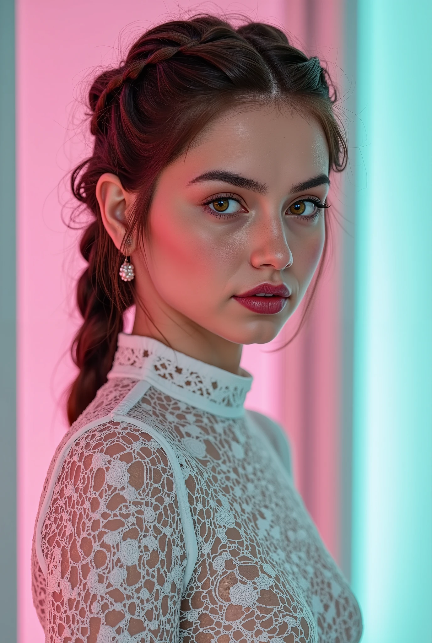 Rahmen,Young Girl,Teen Girl,ana: realistic studio photo of a model like Ana de Armas starlet. full body
GR:"🌟:ultra high resolution, fotorealistisch, in the style of a hyperdetailed beauty portraits with Zeiss Otus 85mm light, anatomically perfect skin and eye texture, subtle white frame around the entire image, low frame with rose ornaments"
"🌌:psychedelic Voronoi background in bright neon pastel , Pink und Lime, weich verschwommen, so that the face remains absolutely sharp, soft beauty dish light from front, fine catch lights in the eyes"
"😈:Model Ana de Armas, 20 Jahre, slim build, firm breasts, dark hair in precise braided braid with visible split ends realism and neon light refractions, flawless velvety skin with fine pores and velvety sheen, ultra-sharp brown eyes with golden speckles in the iris stroma, moist cornea reflex with visible watery layer, more precise slightly darker limbal ring, irregular pupillary edge texture, subtle red veins in the sclera, long blue synthetic eyelashes individually drawn with crossed roots and lump-free separation, perfect dark smokey eye, shiny red lipstick, Does a tight white blouse wear high collar"
"🔥:she looks directly at the camera with a cool, slightly provocative expression, Head slightly tilted, body from head to under chest in absolutely sharp focus stacking quality, The mood is intensely sensual, clinically perfect and permeated with magical precision"