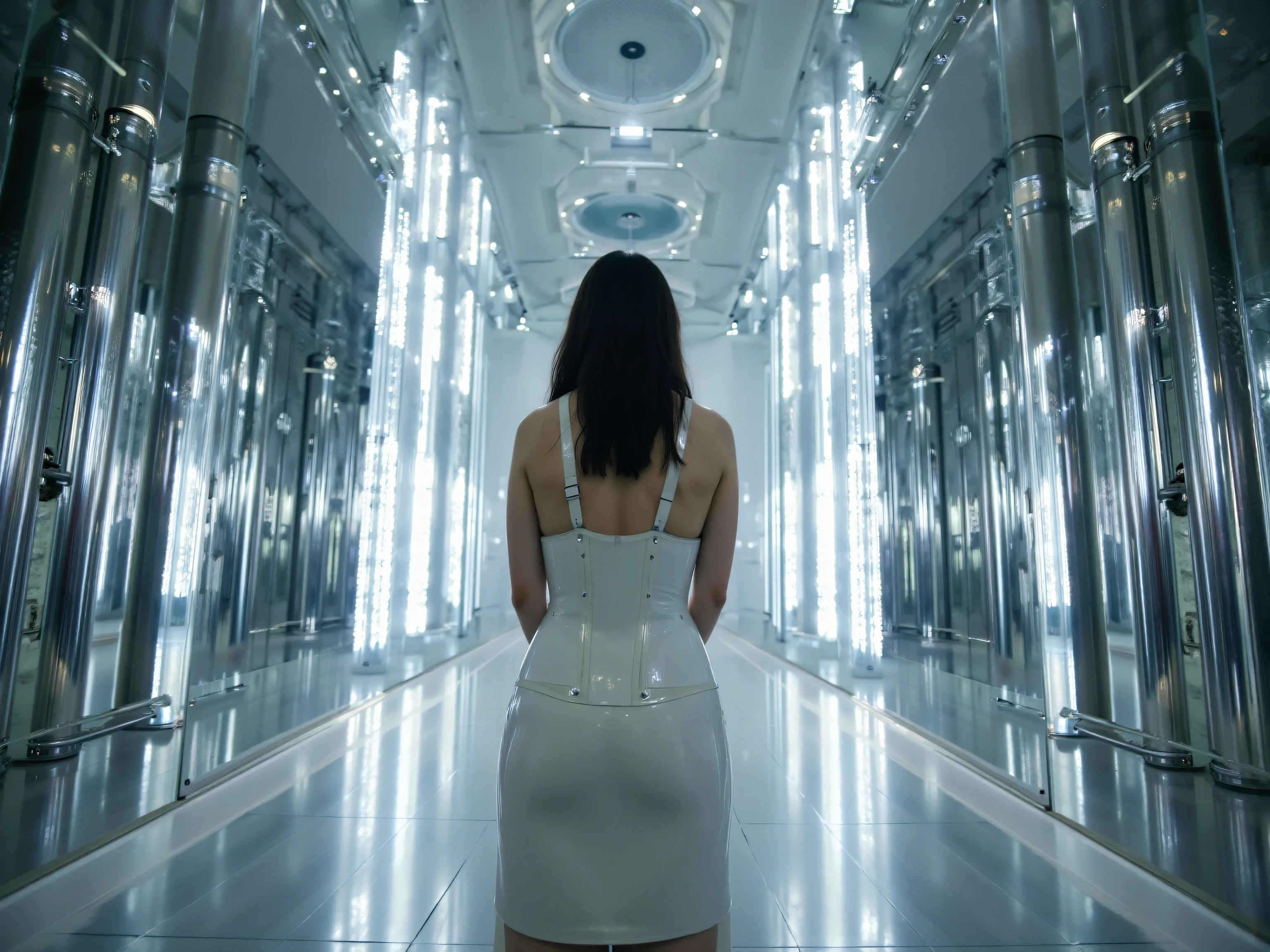 A chrome-and-glass cathedral interior made entirely of reflective surfaces. A solitary figure in a sleek white latex restraint corset stands at the altar looking at the camera lit only by refracted beams of white light bouncing off a thousand mirrors. The mirrors depict alternate timelines of her own body.
