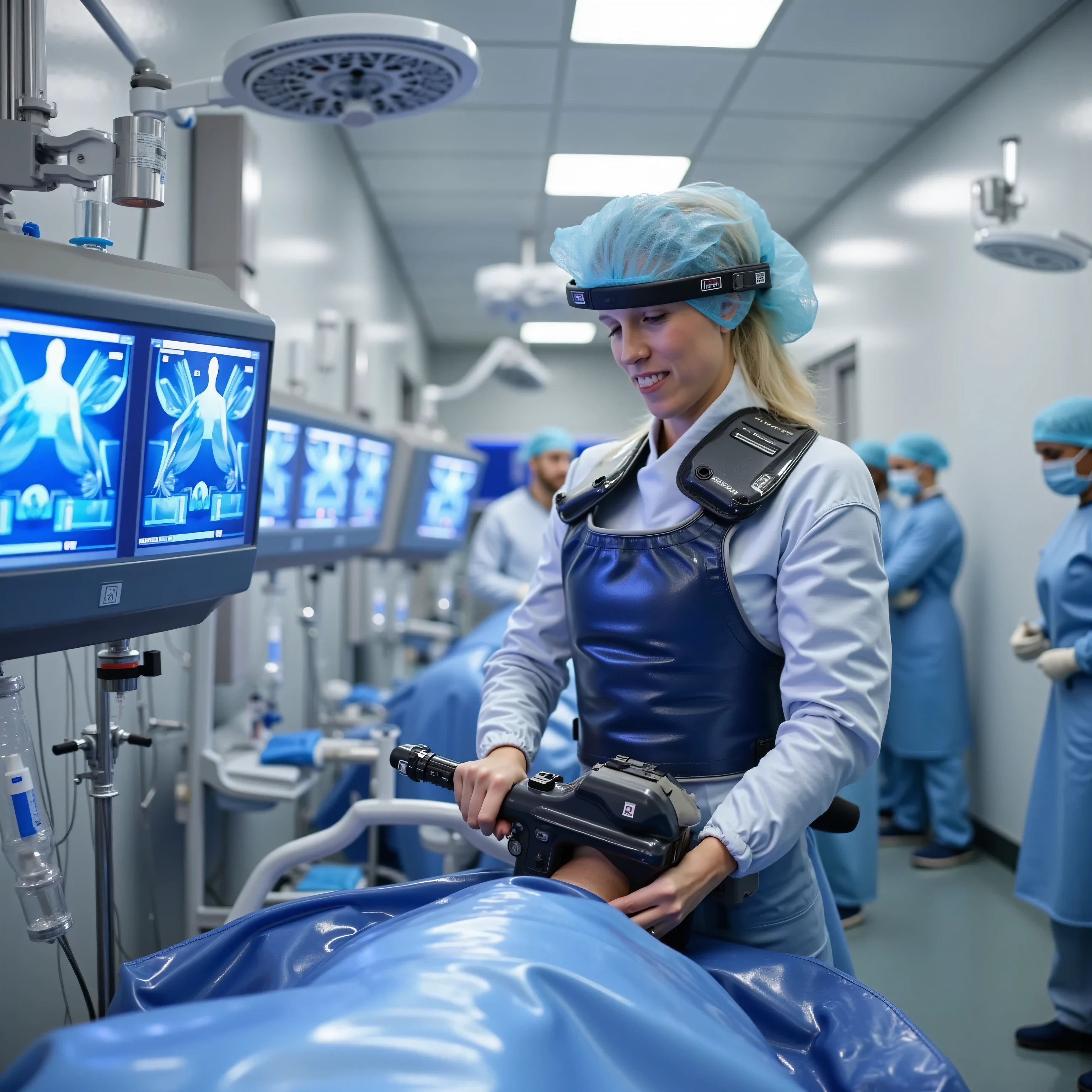 A trauma nurse in a strapped Kevlar lead-vest armor hybrid adjusts a floating railgun-assisted surgical tool. The room is full of levitating medical monitors, translucent IV bags with neon liquids, and patient silhouettes rendered as geometric holographs