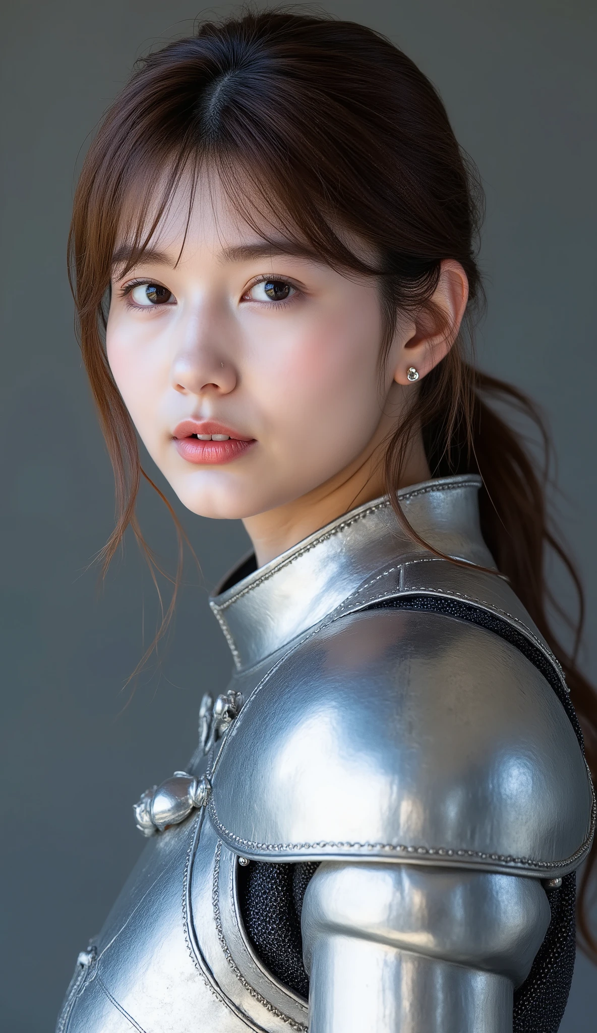 neat young woman wearing luxurious silver armor、、female knight、、漆黒の髪、、ear piercings、looking at camera、looking directly in front、、口を閉じている、への字口、、、face close-up、grey background、
