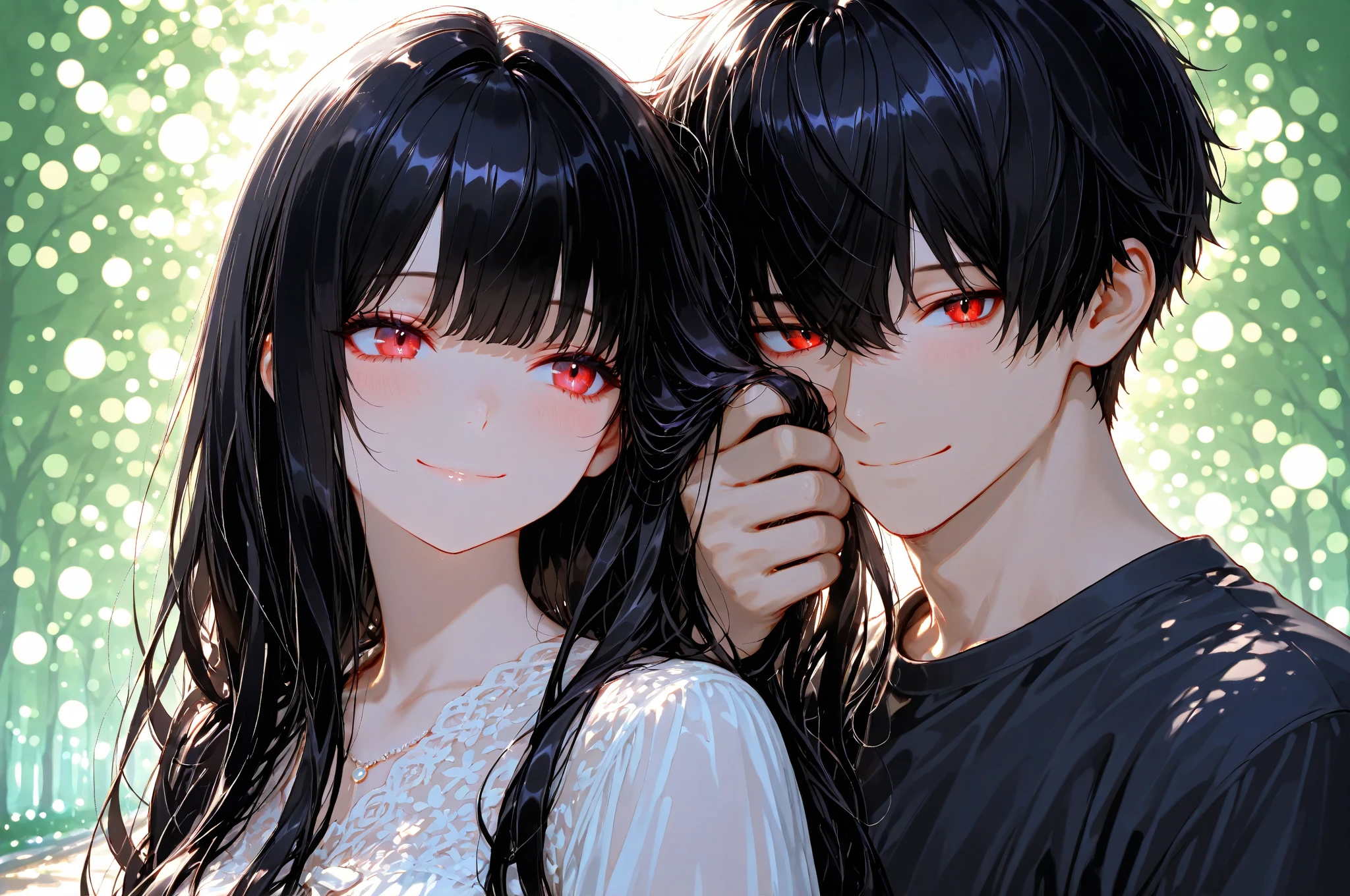 woman, red eyes, black hair, crow, glowing eyes, parted bangs, peaceful face, bathing, 