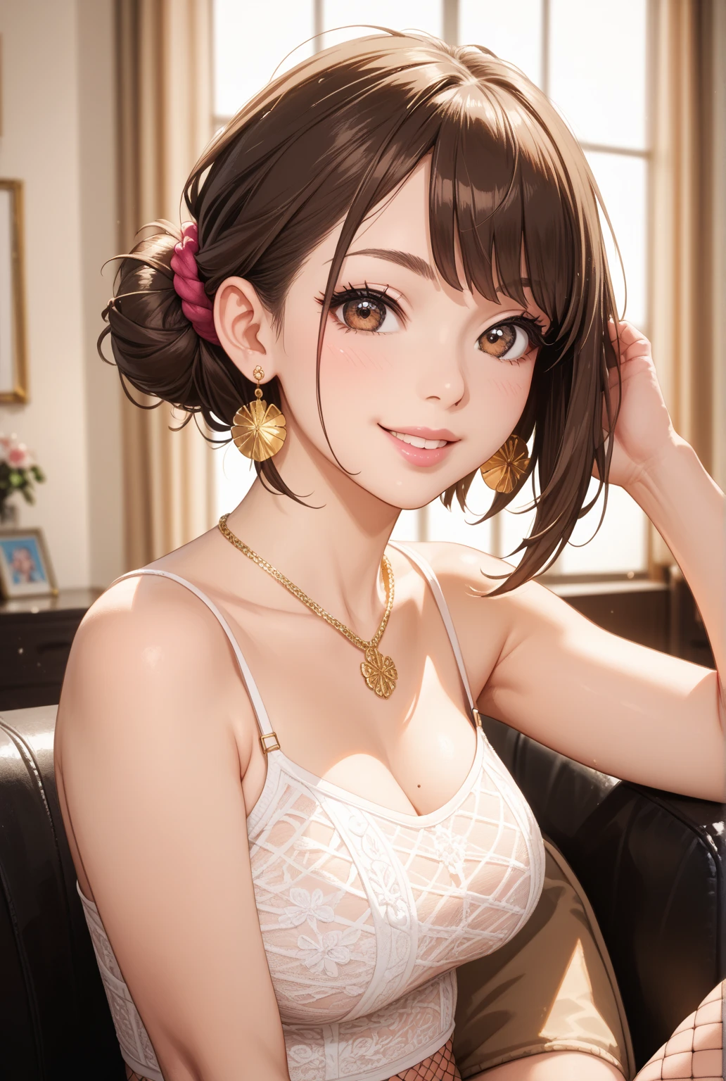 RAW Photos, Digital single-lens reflex camera, Soft lighting, Film Grain, 16k wallpaper, masterpiece, Highest quality, Very detailed, 40~50 years old, Full Body Shot, Mature Woman, beautiful, Mature Woman, Nightgowns and Lingerie, A captivating smile, Thick lips, Thick lips eyelashes, Looking at the audience, Provocative expression, Shiny Hair, ????? cleavage, ,Curvaceous and seductive face,Mischievous face,?????????????,An inviting gaze,Emphasis on anatomical balance of the human body,A gentle gaze,smile, Magical Glitter,baby doll,See-through,Pink lipstick,Pink Eyeshadow,See-through,Put your hands on your ?????,Luxurious appearance,???? pose,?????????????,?????? Heart、joy,?????????????,?????? Heartピアス,Browsing Caution,See through,?????,Female ????????????、Perfection body、accessories,(((The finest see-through ?????????????)))、??????,Breathtaking,??????,(Browsing Caution:1.2),Touching the ???????,Highest quality、Anatomically perfect body,Small pink ??????,Delicate top class,perfection,???? posture,Advanced accessories、Luxury Necklace、???????、Baby doll trimmed with luxurious lace,Body Chain、Wear lace、?????? desire,joy,Feeling Face、garter belt、Unparalleled beauty、See-through、2 Arms、２Book legs、One Face、?????? ????????、See-throughブラジャー、?????? exposure、The perfect ?????? size、Cute ???????、（Beautiful pink lips 1.2)、(((Full body lace lingerie set)))、Ultra smooth skin、Pink ??????、（((See-throughのヘビードールを着る))）、Angle from below、Well-shaped ?????、Highest qualityのコーディネート、???????、stand、Pose with hands and ???????? thrust out、Provocative pose、?????? pose、(((???? fancy ?????????)))、Super high-end、nice、Sparkling eyes、(((Wear sparkling jewelry)))、(((One female)))、((((((colorful))))))、(((A blouse with a wide open ?????)))