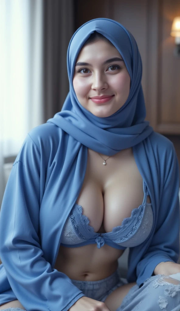 pale 18 year old Afghani girl smiling wearing a hijab with blue eyes brown hair showing her  by lifting her hijab