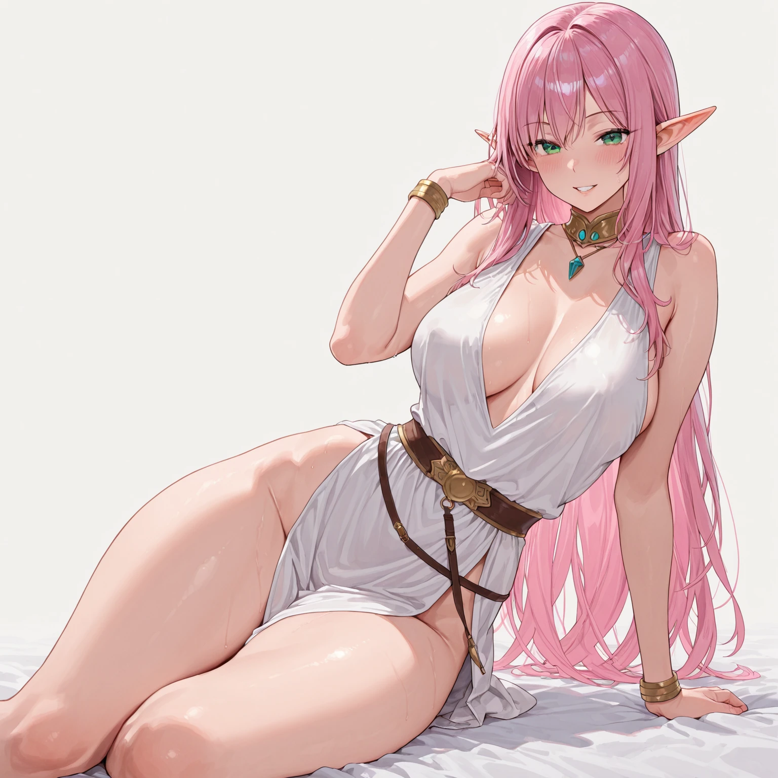 (Artwork),(best quality:1.1),(ultra-detailed),best illustration,fine details,(portrait:1.1),(intense FULL BODY close-up),watercolor drawing)floating,1 elf girl, Alone, 18 years old, voluptuous, (extremely delicate and beautiful face), (detailed pink eyes), thick pink lips, (disheveled hair) female elf, ????????????, (wearing a short white tunic), soft and lazy, (simple background :1.2) full colored background, closeup of full body on her knees chained to her hands and neck, sad look looking from below, detail in facial expressions and the environment,, of course, 4K