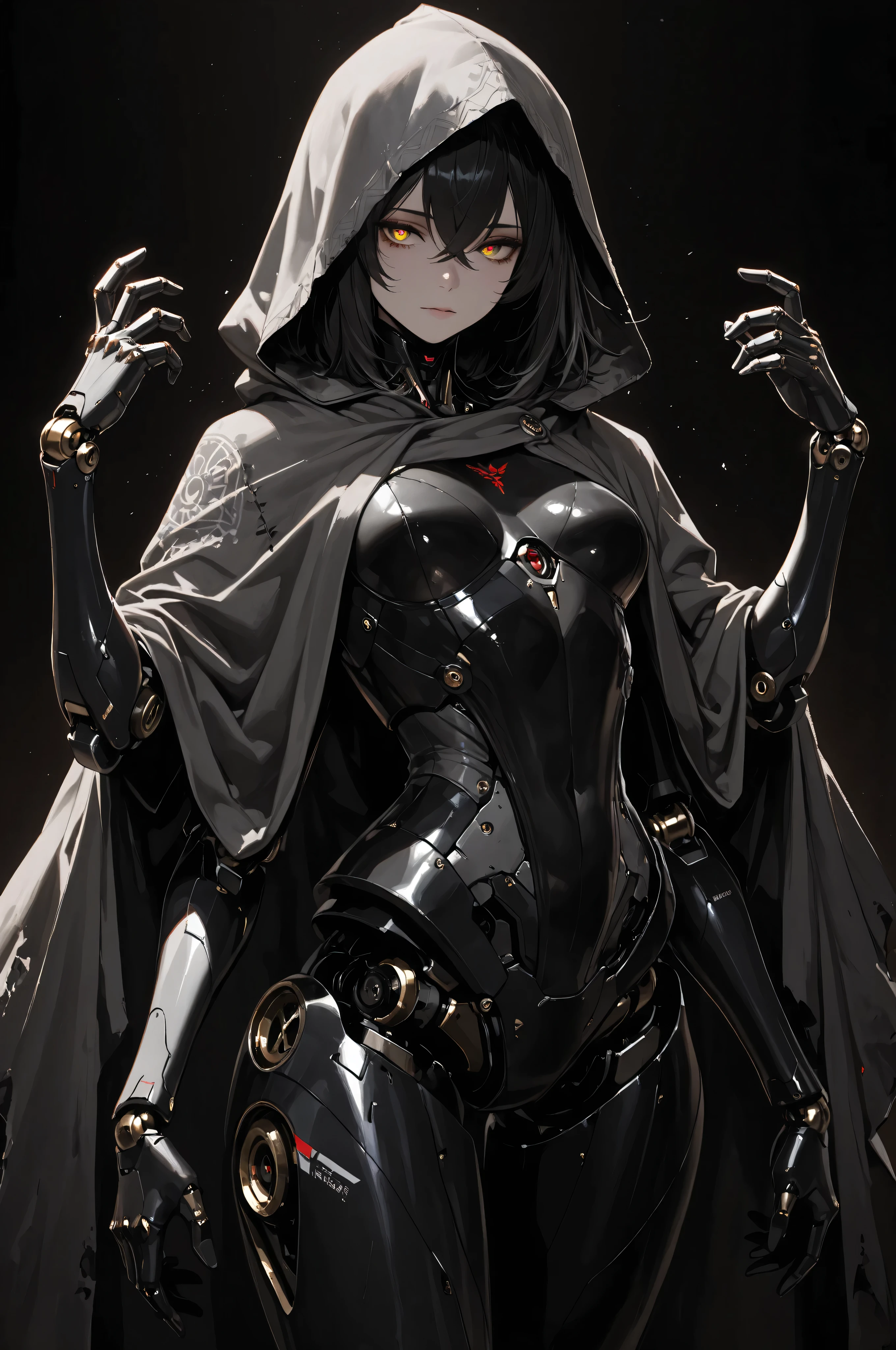 (masterpiece, detailed:1.2), Ultra Detailed, HDR-10, (Soft Colors), (beautiful eyes, detailed eyes:1.2),1girl, black hair, crossed bangs, medium hair, yellow eyes, red pupils, Mechanical arms, Mechanical legs, robot joints, Black print, Mechanical boots, Mechanical body, Dark background, upper body, extra arms,grey_cloak, hood, solo, Synthetic leather
