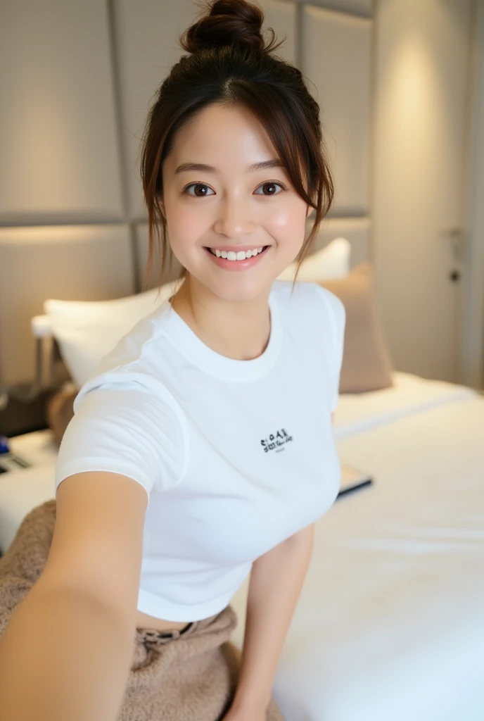 seed:2020674263.((Full body angle:1.1)).((Highest quality, 8K, masterpiece:1.3)), ((from below:1.1)).concentrated:1.2, Perfect body beauty:1.4, :1.2, ((Delicate Hair)), (Colorful T-shirts、Shorts、pajamas :1.1) , ((Highest quality、、masterpiece:1.3))、１girl、A sloppy smile、Esbian all over、Slim face、Big 、Beautiful woman、(Dark Brown Hair)、Long Hair、1、Flickering Valley、Detailed eyes、double eyelid、Blurred Background、超Slim face、Smile、Looking down、Bedroom、
