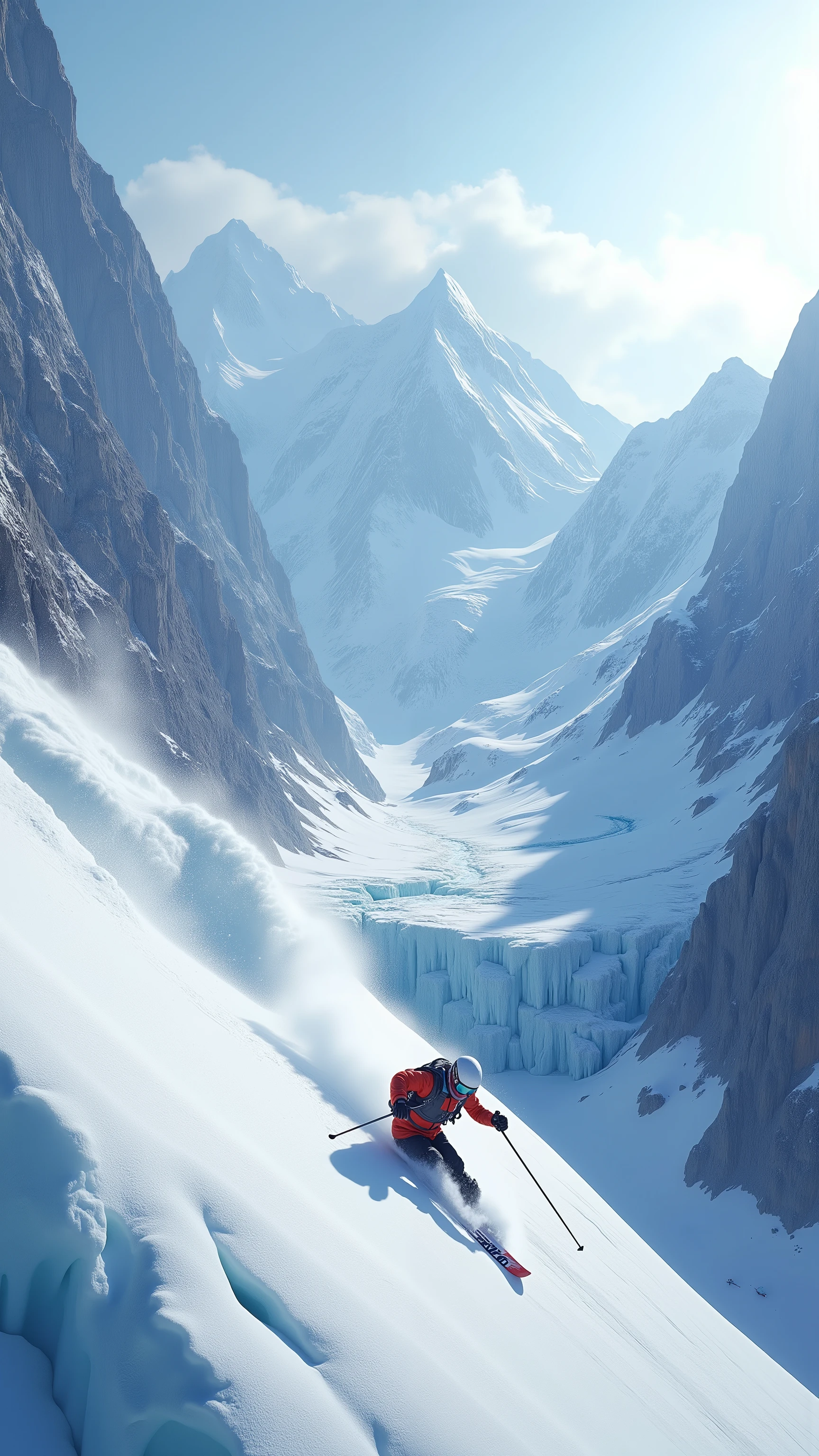 ((4K、original photos、High Fine))、(((high performance camera)))、(((Realistic)))、(((Realistic)))、氷河の急斜面をたった１skiers who have climbed the steep slope of the glacier are sliding down at great speed。