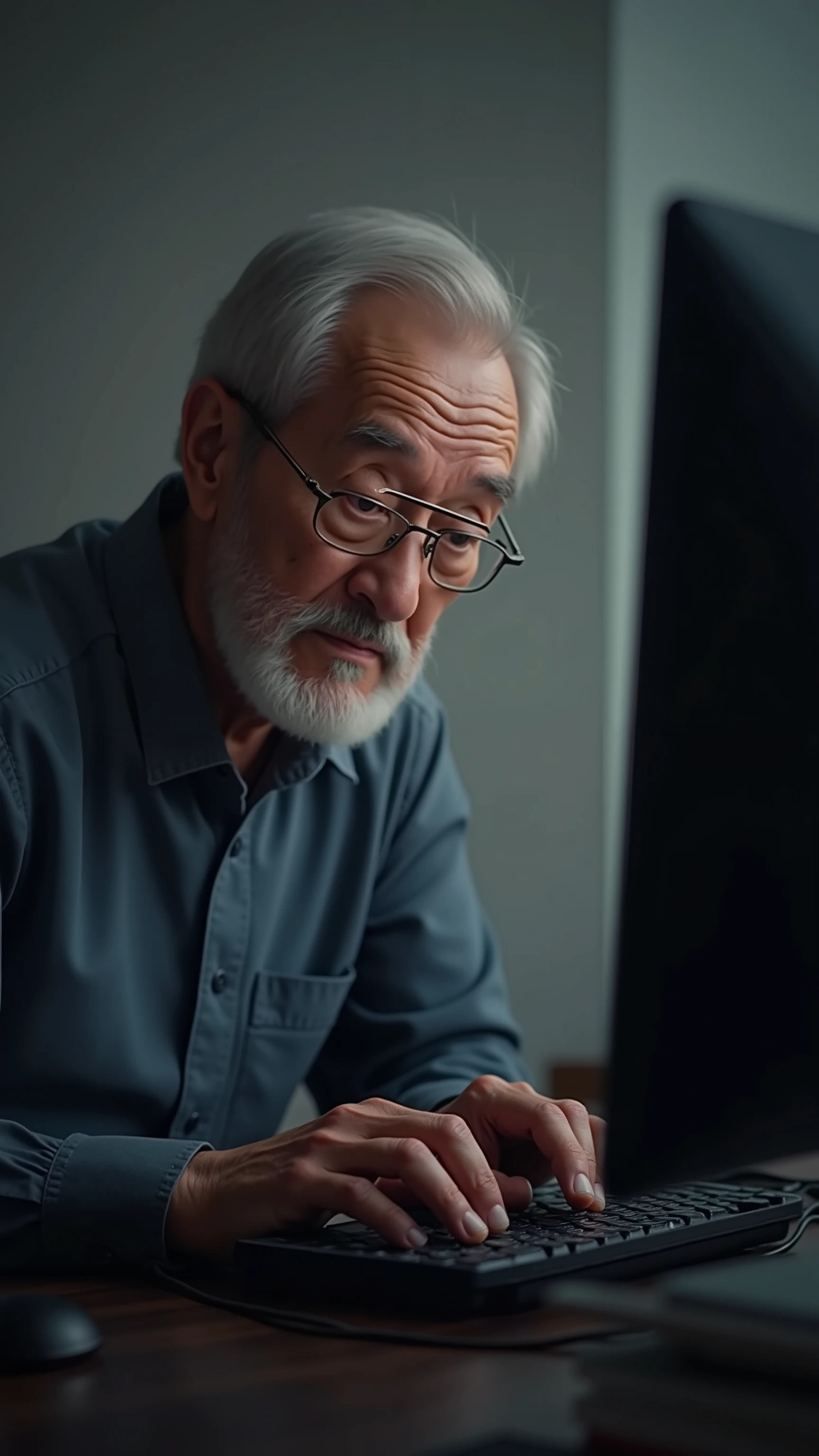 ((4K、original photos、High Fine))、(((high performance camera)))、(((Realistic)))、(((Realistic)))、An old man wearing glasses is pressing the computer keyboard with one finger。