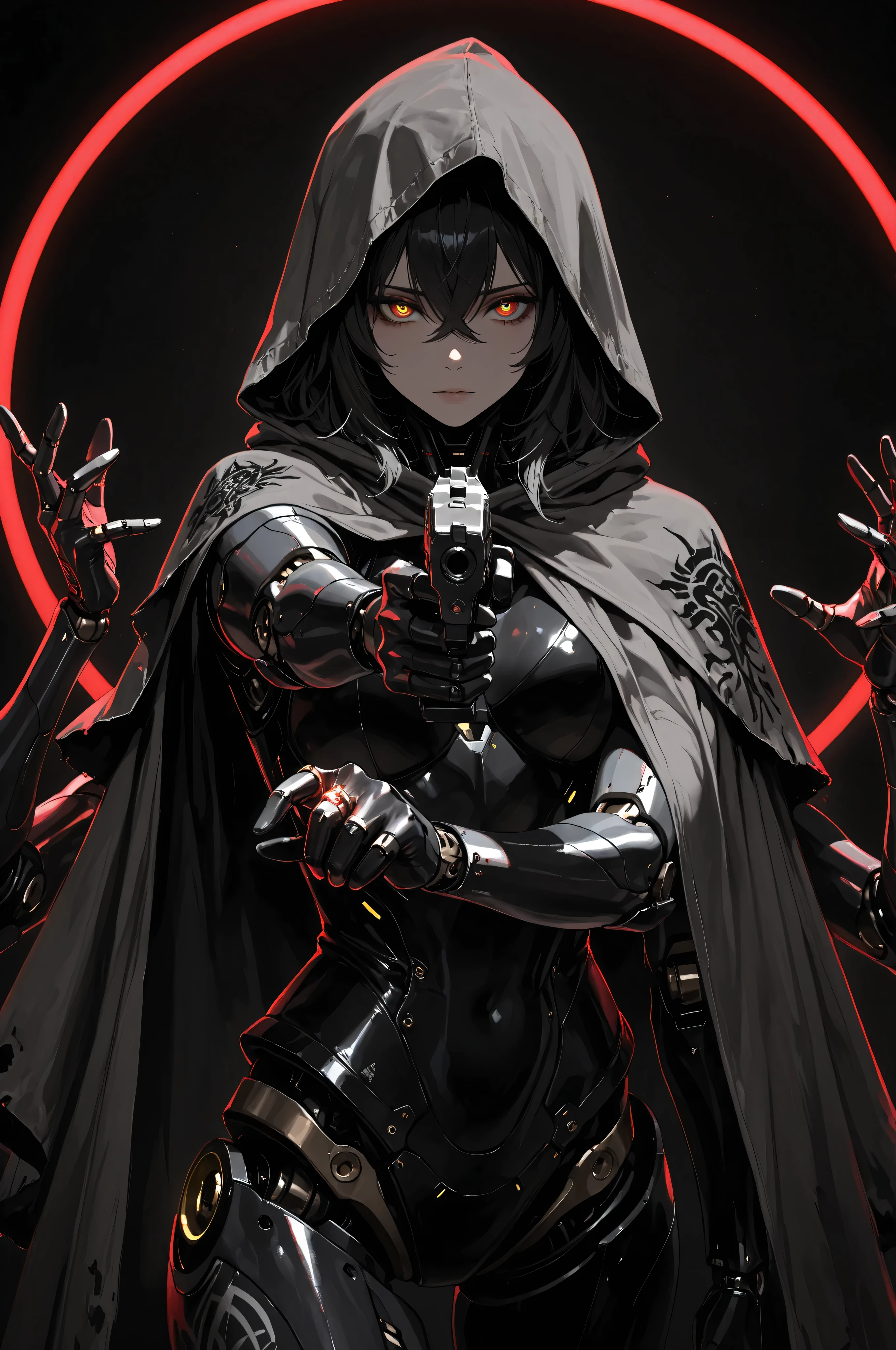 (masterpiece, detailed:1.2), Ultra Detailed, HDR-10, (Soft Colors), (beautiful eyes, detailed eyes:1.2),1girl, black hair, crossed bangs, medium hair, yellow eyes, red pupils, Mechanical arms, Mechanical legs, robot joints, Black print, Mechanical boots, Mechanical body, Dark background, upper body, extra arms,grey_cloak, hood, solo, Synthetic leather, Ring light, red light neon, Grabbing guns, handgun, Pointing at the viewer