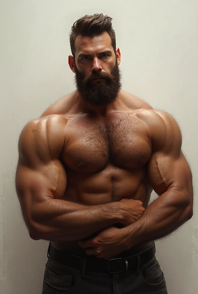 (ahirsute), (hairy), looking_at_viewer, messy_hair, black_hair, (young_face:1.2), upper_body, male_focus, (muscular), bodybuilder, realistic, mustache, (chest_hair:1.2), arm_hair, veiny, simple_red_background, bright_lighting, thong, hands_on_hip