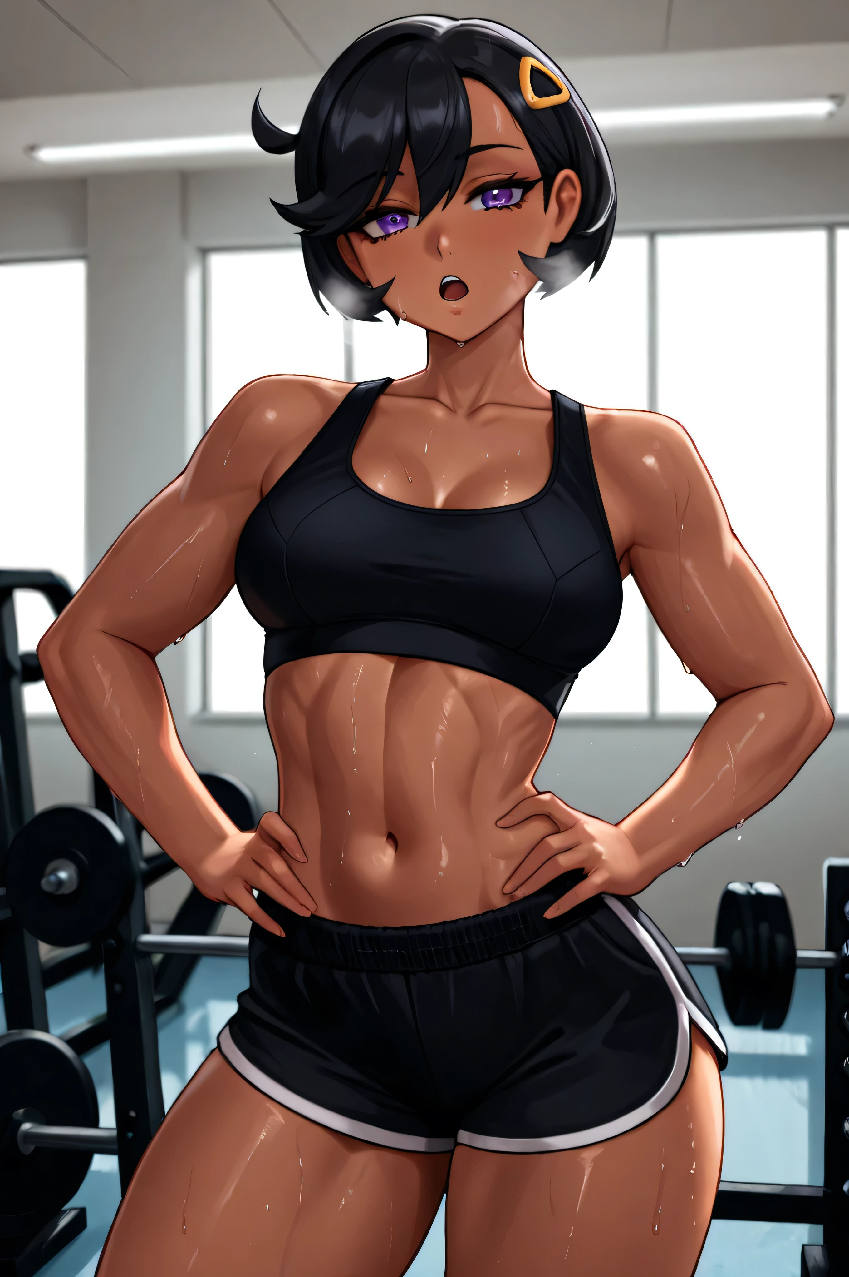 newest, solo, 1girl, dark-skinned female, sweat, looking at viewer, standing short hair, black hair, ahoge, hairclip, purple eyes, eyelashes, black sports bra, black shorts, dolphin shorts, short shorts,  shoulders, collarbone, stomach, navel, , indoors, gym, weights, out of breath, sweaty, open mouth, hands on  
