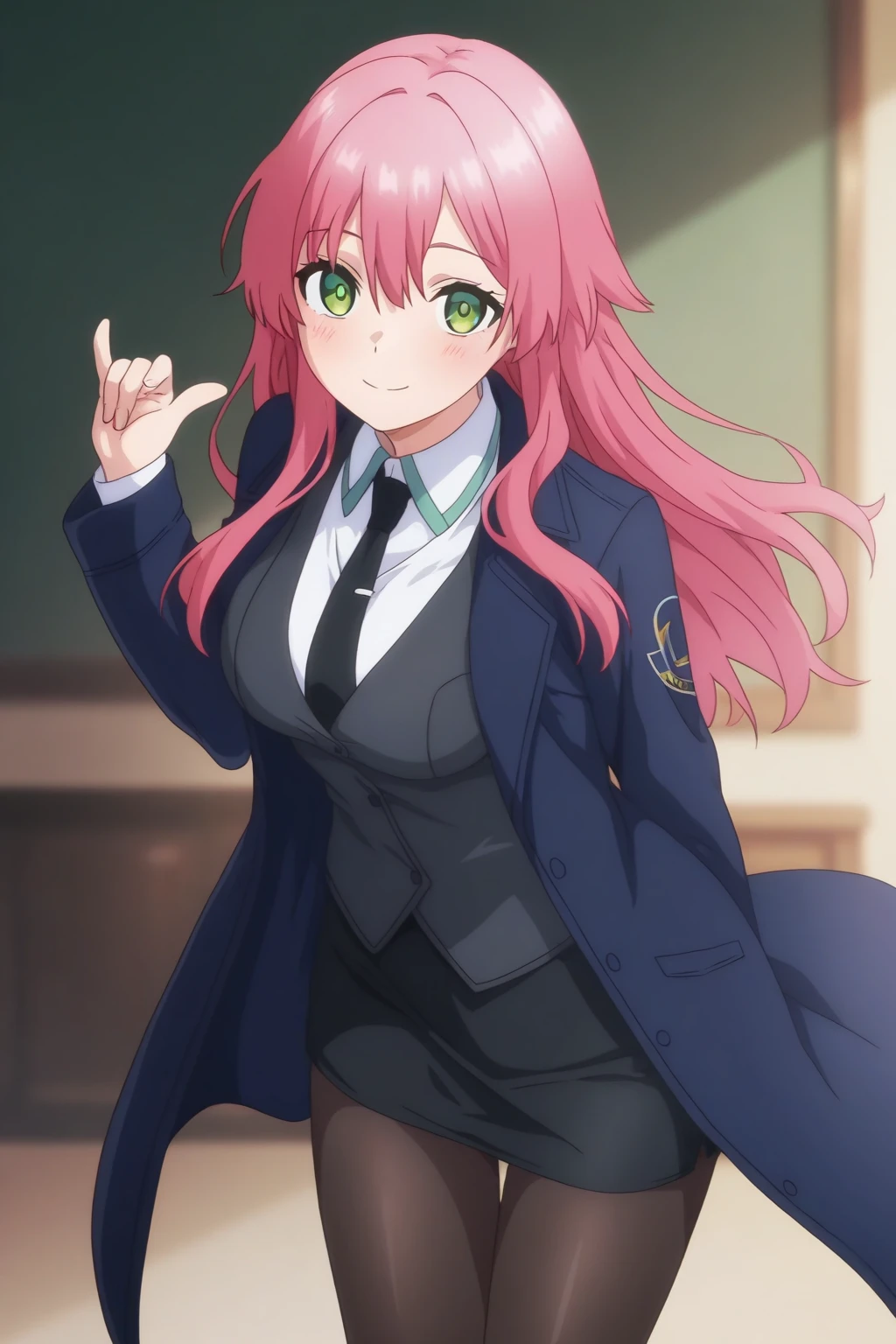 laladevilluke, lala deviluke, long hair, pink hair, tail, ahoge, bangs, hair ornament, (green eyes:1.5),
BREAK , white shirt, (yellow blazer:1.5), blazer, ribbon, green ribbon, pleated, pleated skirt, skirt, (green skirt:1.5),((,  and  ,  and  )),
BREAK looking at viewer,
BREAK indoors, classroom,
BREAK (masterpiece:1.2), best quality, high resolution, unity 8k wallpaper, (illustration:0.8), (beautiful detailed eyes:1.6), extremely detailed face, perfect lighting, extremely detailed CG, (perfect hands, perfect ),