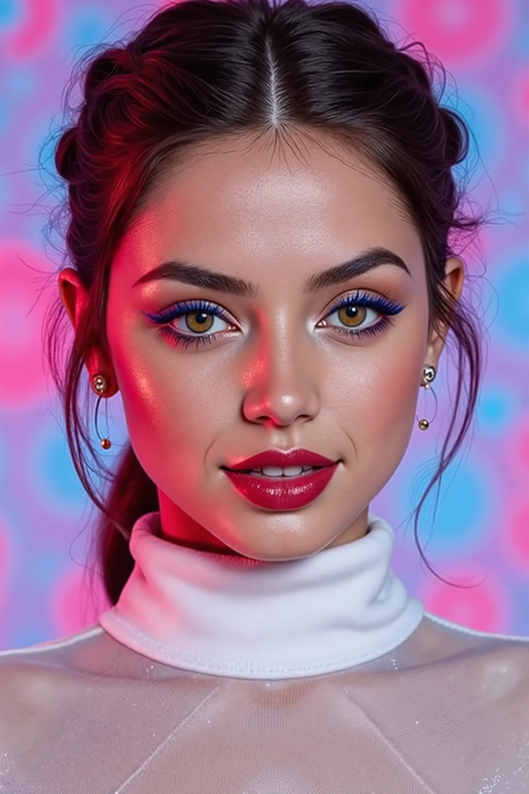 Rahmen,Young Girl,Teen Girl,ana: realistic studio photo of a model like Ana de Armas starlet. full body, low frame with rose ornaments
GR:"🌟:ultra high resolution, fotorealistisch, in the style of a hyperdetailed beauty portraits with Zeiss Otus 85mm light, anatomically perfect skin and eye texture, subtle white frame around the entire image, low frame with rose ornaments"
"🌌:psychedelic Voronoi background in bright neon pastel , Pink und Lime, weich verschwommen, so that the face remains absolutely sharp, soft beauty dish light from front, fine catch lights in the eyes"
"😈:Model Ana de Armas, 20 Jahre, slim build, firm breasts, dark hair in precise braided braid with visible split ends realism and neon light refractions, flawless velvety skin with fine pores and velvety sheen, ultra-sharp brown eyes with golden speckles in the iris stroma, moist cornea reflex with visible watery layer, more precise slightly darker limbal ring, irregular pupillary edge texture, subtle red veins in the sclera, long blue synthetic eyelashes individually drawn with crossed roots and lump-free separation, perfect dark smokey eye, shiny red lipstick, Does a tight white blouse wear high collar"
"🔥:she looks directly at the camera with a cool, slightly provocative expression, Head slightly tilted, body from head to under chest in absolutely sharp focus stacking quality, The mood is intensely sensual, clinically perfect and permeated with magical precision, low frame with rose ornaments"