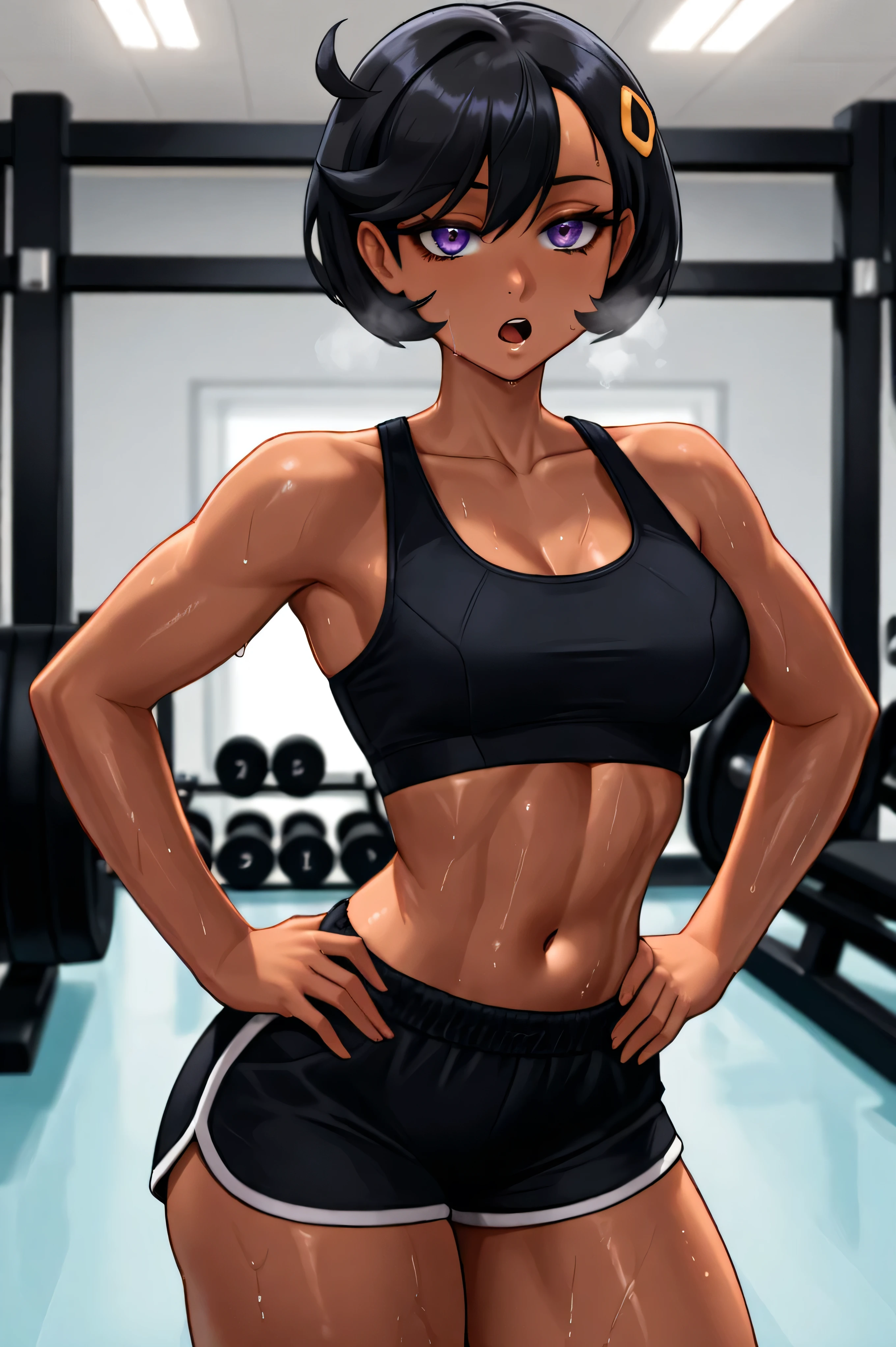newest, solo, 1girl, dark-skinned female, sweat, looking at viewer, standing short hair, black hair, ahoge, hairclip, purple eyes, eyelashes, black sports bra, black shorts, dolphin shorts, short shorts,  shoulders, collarbone, stomach, navel, , indoors, gym, weights, out of breath, sweaty, open mouth, hands on  
