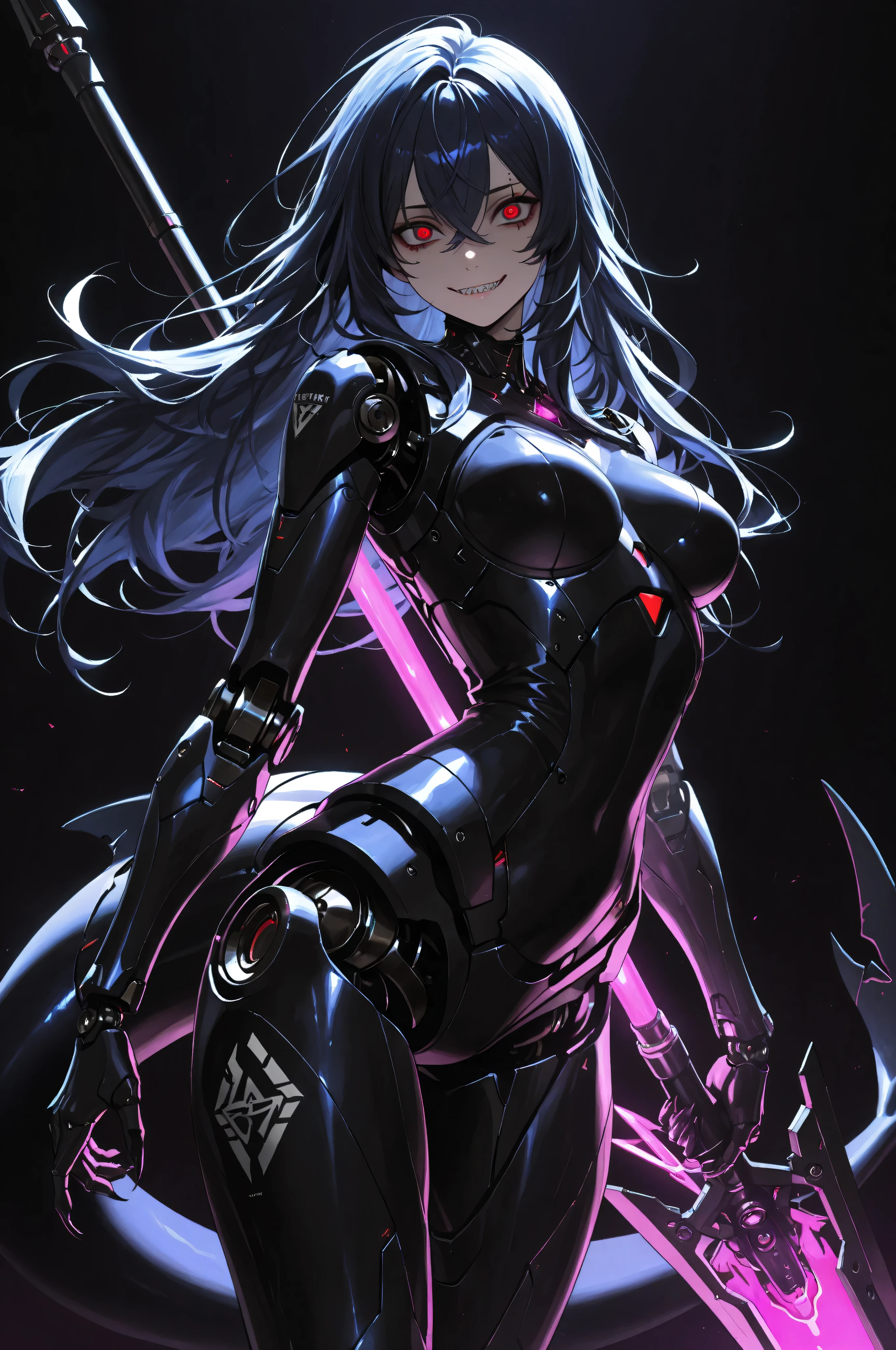 (masterpiece, detailed:1.2), Ultra Detailed, HDR-10, (Soft Colors), (beautiful eyes, detailed eyes:1.2),1girl, dark blue hair, crossed bangs, long hair, red eyes, purple pupils, Eyebrow line, Mechanical arms, Mechanical legs, robot joints, Black print, Mechanical boots, Mechanical body, Dark background, upper body, solo, Triangle light, purple light neon, shark tail, claws, Sharp teeth, closed mouth, Slender body, evil grin, crazy eyes, holding Lance, Mechanical spear,