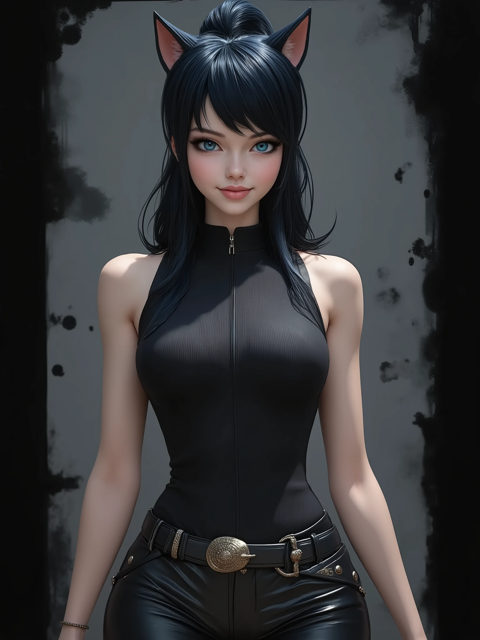 ArsMJStyle, Eldritch Sci-Fi, realistic cartoon, marinette Dopanchan, A very beautiful and cute 22 year old woman. Slight smile, long hair, wolf ears, deep gaze, blue eyes, western eyes, detailed blue eyes, beautiful eyes, natural pink lips, thin lips, detailed lips, beautiful lips, clear face. Fair skin, perfect body, very feminine body, well-formed thighs, perfect proportions, perfect thighs, perfect anatomy, anatomical correct. Jet-black medieval fitted sleeveless t-shirt, jet-black medieval style tight leather pants, golden medieval style narrow leather belt. Half body view, cowboy shot, RAW, standing, full body view, looking at the viewer, dynamic pose, graceful pose, relaxed pose, view frontal. Bright lighting, vibrant colors, colorful, sharp foreground, clear image, sharp focus, soft depth of field, blurry background, bokeh background. Masterpiece, best quality, high resolution, top quality, high quality, UHD, 16k quality, no blur, film grain. The background is dark_gray and painted with expressive, visible textures using dynamic brushstrokes and strokes that add depth and movement. The paint covers only the area just behind the subject. The outer edges of the image with jet-black margins, as if the background had been painted with a brush and with expressive and visible textures using dynamic brushstrokes and strokes fading toward the edges creating a modern and artistic vignette effect.