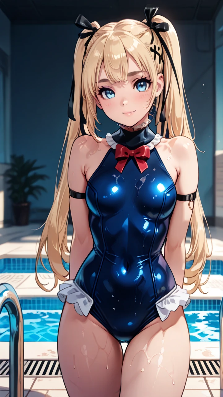masterpiece, best quality, solo, curvy, beautiful eyes, <lora:MarieRoseIXL_v2:1.0>, zzMarie, blue eyes, blonde hair, hair ornament, hair ribbon, long hair, twintails, very long hair, x hair ornament,  one-piece swimsuit, blue one-piece swimsuit, black ribbon, frilled swimsuit, swimsuit, ribbon, frills, dead or alive, bare shoulders cowboy shot, hand on hip, smug, smile, looking at viewer, shiny skin,