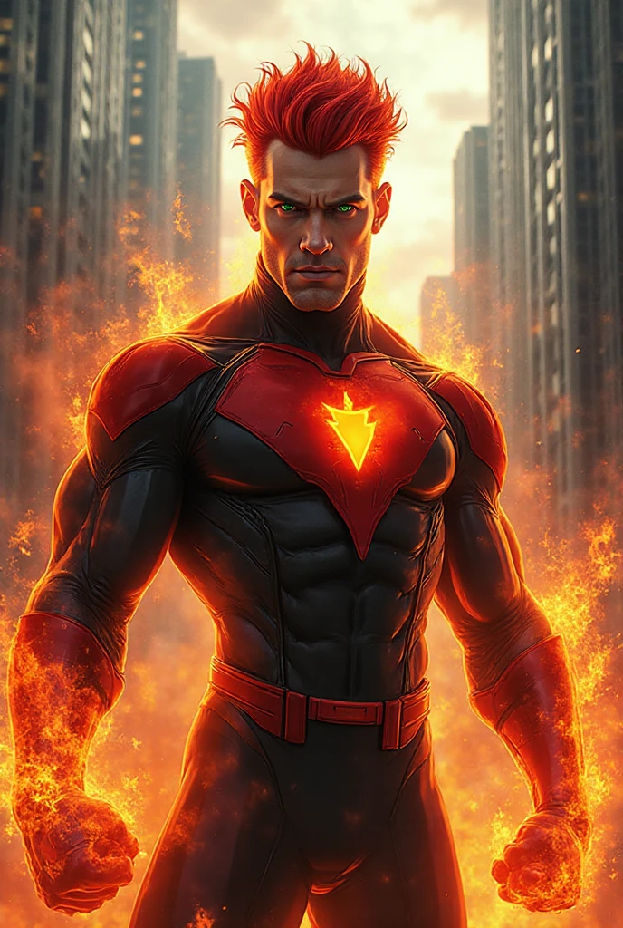 realistic, highly detailed, intricate details, detailed background, depth of field, an irish man, red hair, beard, wearing (futuristic glowing superhero bodysuit:1.2), beautiful amber eyes, ((swirling flames)), steaming body, dynamic angle, dynamic pose, smirk, angry, (from side:0.8), ((flying, levitating)), night city skyline background, (large pectorals:1.4), (puffy nipples:1.4), muscular, (large penis:1.2), male pubic hair, testicles, action shot, dynamic movement, motion blur