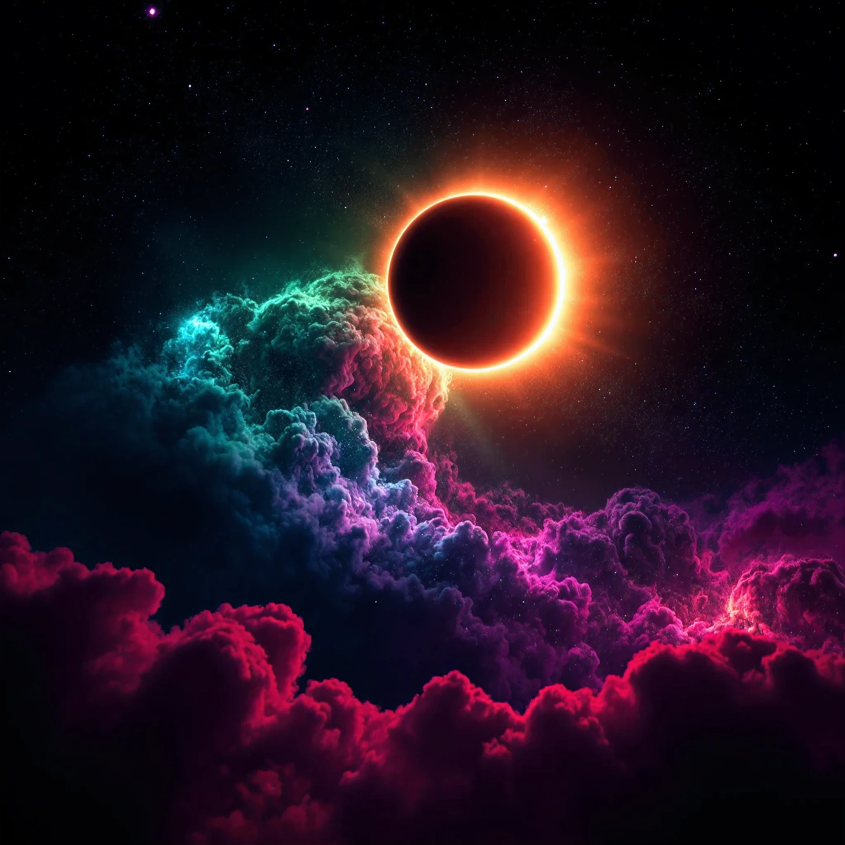 In this vivid and surreal image, a cosmic scene unfolds against a backdrop of deep blackness studded with a myriad of colorful celestial bodies. Dominating the composition is a massive, glowing orb reminiscent of a star or planet in the midst of a solar eclipse. Its luminous halo radiates vibrant energy, casting a surreal glow across the scene. Surrounding this central figure are smaller, multicolored planets and stars, each uniquely rendered in striking, exaggerated hues like greens, blues, yellows, purples, pinks, and reds. The atmosphere evokes an otherworldly sense of wonder and exploration, with the bright colors and stark contrasts creating a dreamlike, almost psychedelic impression of a distant galaxy or parallel universe where natural laws seem to be reimagined. Ultra-realistic,photo-realistic, ultra-detailed, physically-based rendering, 8k, hyperrealistic, icon style, intricate textures and details, perfect symmetry, rotational symmetry, geometrical shapes fitted together nicely with bright vibrant colors, neon light and color, ultra spherical, depth of field, high-res, 3D Rendering, cinematography, UHDR, best quality, God's beauty, a masterpiece