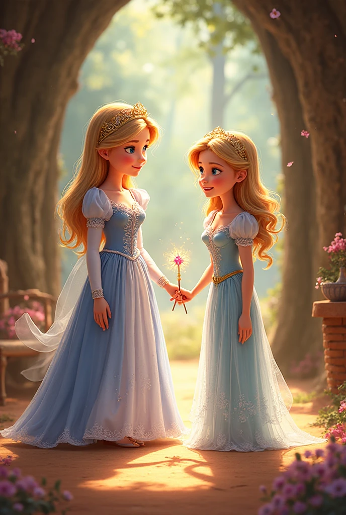 Make a poster with the theme of Disney Chanel princesses and you can see a princess escaping from a castle and there is an apple , a glass slipper like Cinderella's and a crown 