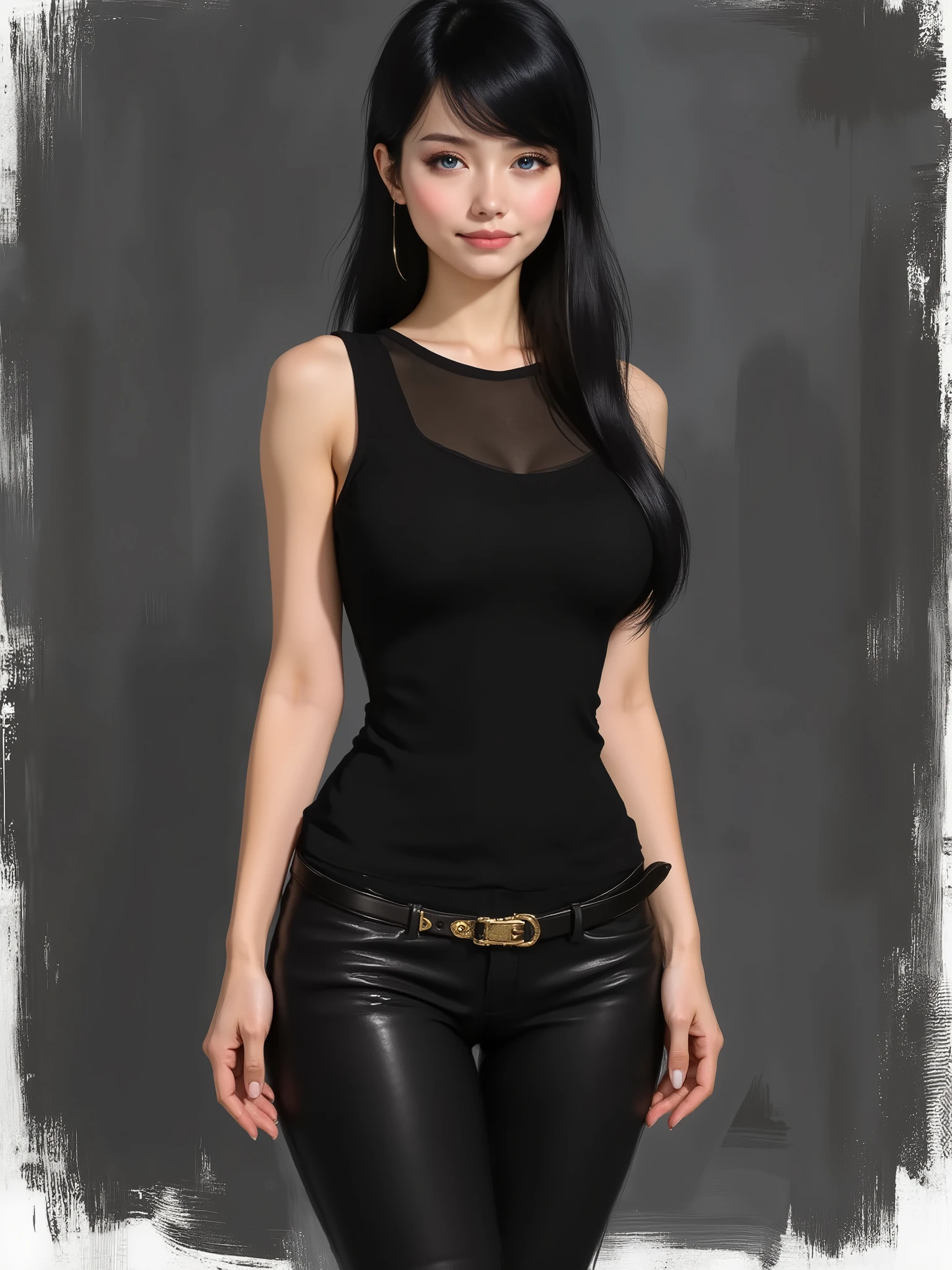 sketch painting, marinette Dopanchan, A very beautiful and cute 22 year old woman. Slight smile, long hair, wolf ears, deep gaze, blue eyes, western eyes, detailed blue eyes, beautiful eyes, natural pink lips, thin lips, detailed lips, beautiful lips, clear face. Fair skin, perfect body, very feminine body, well-formed thighs, perfect proportions, perfect thighs, perfect anatomy, anatomical correct. Jet-black medieval fitted sleeveless t-shirt, jet-black medieval style tight leather pants, golden medieval style narrow leather belt. Half body view, cowboy shot, RAW, standing, full body view, looking at the viewer, dynamic pose, graceful pose, relaxed pose, view frontal. Bright lighting, vibrant colors, colorful, sharp foreground, clear image, sharp focus, soft depth of field, blurry background, bokeh background. Masterpiece, best quality, high resolution, top quality, high quality, UHD, 16k quality, no blur, film grain. The background is dark_gray and painted with expressive, visible textures using dynamic brushstrokes and strokes that add depth and movement. The paint covers only the area just behind the subject. The outer edges of the image with jet-black margins, as if the background had been painted with a brush and with expressive and visible textures using dynamic brushstrokes and strokes fading toward the edges creating a modern and artistic vignette effect.