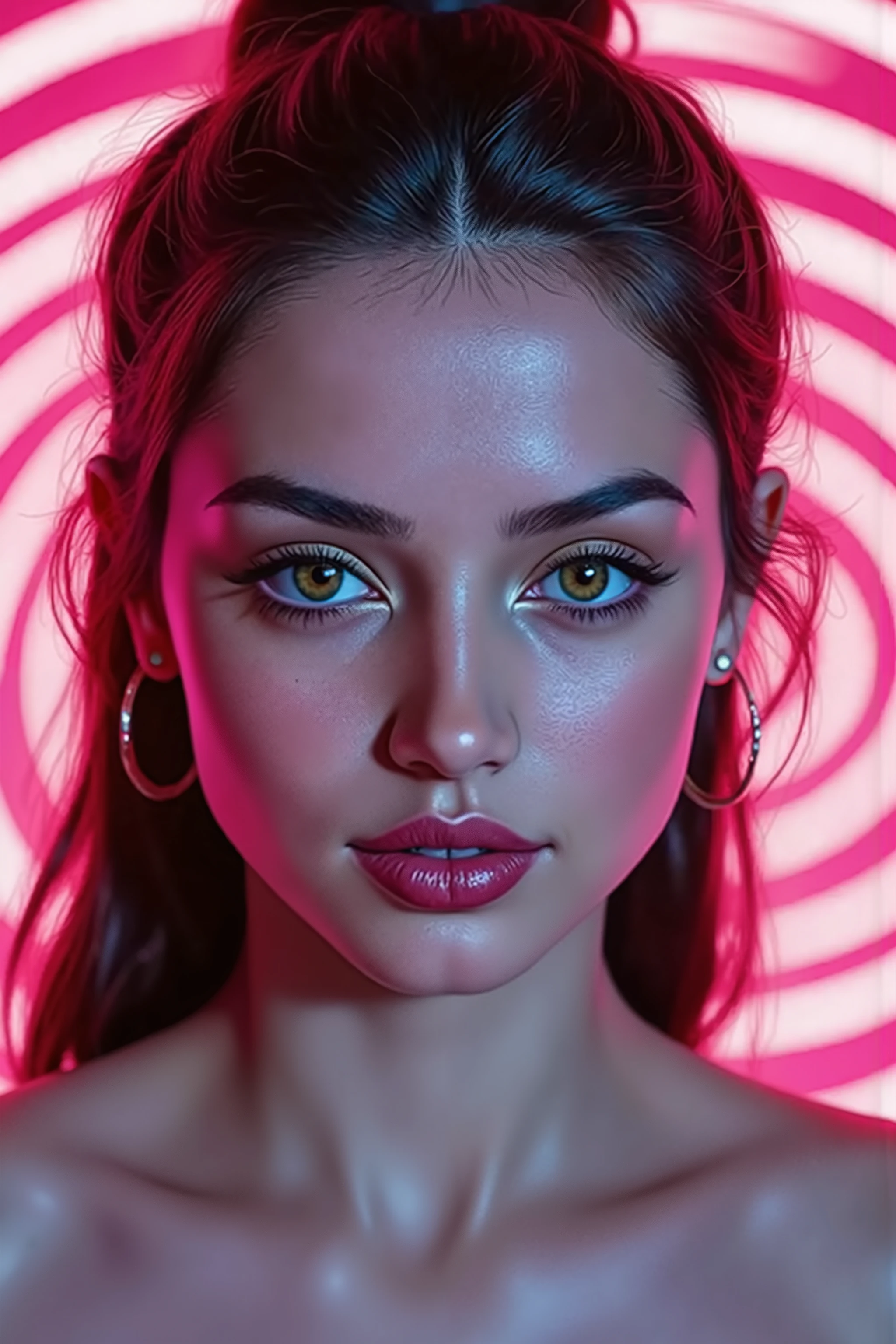 keep same character, same background, repaint this same frame to a anime-style frame made by,Young Girl,Teen Girl,ana: realistisches Studiofoto eines Models like Ana de Armas starlet. full body, tiefliegender rahmen mit rosenornamenten
GR:"🌟:ultrahochauflösend, fotorealistisch, im Stil eines hyperdetaillierten Beauty-Porträts mit Zeiss-Otus-85mm-Licht, anatomisch perfekte Haut- und Augentextur, dezenter weißer Rahmen um das gesamte Bild, tiefliegender rahmen mit rosenornamenten"
"🌌:psychedelischer Voronoi-Hintergrund in leuchtendem neon-pastell , Pink und Lime, weich verschwommen, damit das Gesicht absolut scharf bleibt, sanftes Beauty-Dish-Licht von vorn, feine Catchlights in den Augen"
"😈:Model Ana de Armas, 20 Jahre, schlanker Körperbau, feste Brüste, dunkles Haar in präzisem geflochtenem Zopf mit sichtbaren Spliss-Realismus und neonfarbenen Lichtbrechungen, makellose samtige Haut mit feinsten Poren und samtigem Glanz, ultra-scharfe braune Augen mit goldenen Sprenkeln im Iris-Stroma, feuchter Kornea-Reflex mit sichtbarer wässriger Schicht, präziser etwas dunklerer Limbusring, unregelmäßige Pupillenrand-Textur, subtile rote Äderchen in der Sklera, lange blaue synthetische Wimpern einzeln gezeichnet mit überkreuzten Wurzeln und klumpenfreier Trennung, perfektes dunkles Smokey-Eye, glänzend roter Lippenstift, trägt eine enge weiße bluse hoher kragen"
"🔥:sie blickt direkt in die Kamera mit kühler, leicht provokantem Ausdruck, Kopf minimal geneigt, Körper von Kopf bis unter die Brust in absolut scharfer Focus-Stacking-Qualität, die Stimmung ist intensiv-sinnlich, klinisch perfekt und von magischer Präzision durchzogen, tiefliegender rahmen mit rosenornamenten"