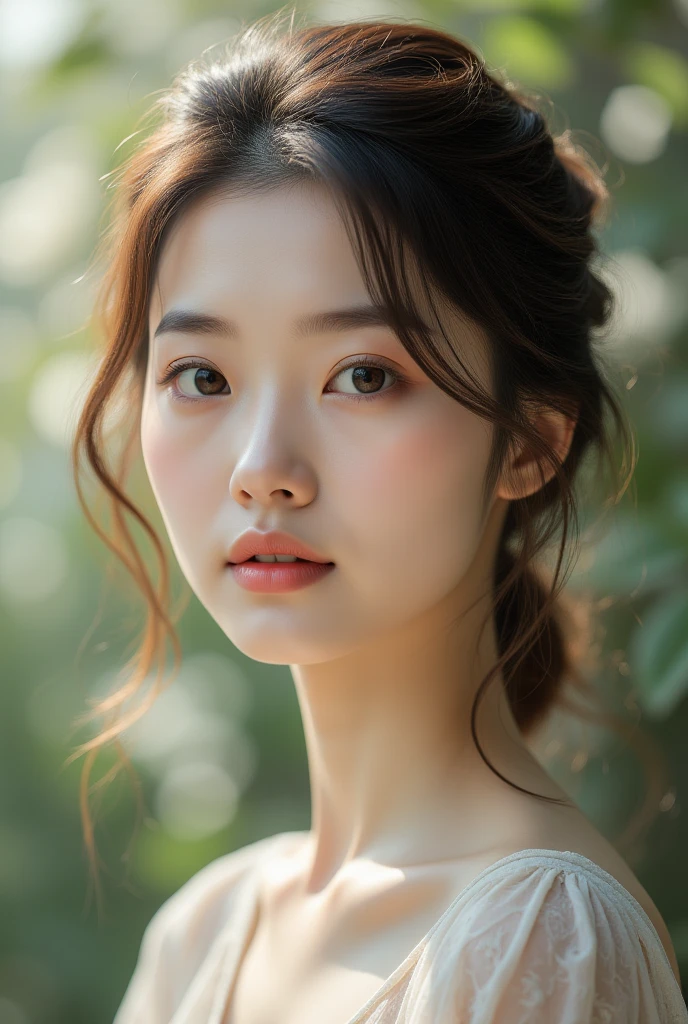 a woman, long shot of nature in background, cinematic depth, ultra-high definition of the woman's expression and surrounding elements, subtle pastel tones, elegant atmosphere,