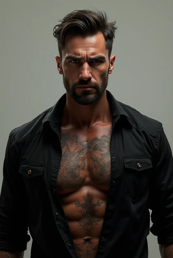 AI design drawing a young muscular man with goatee with “ruy” tattoo and other tattoos bedroom background
