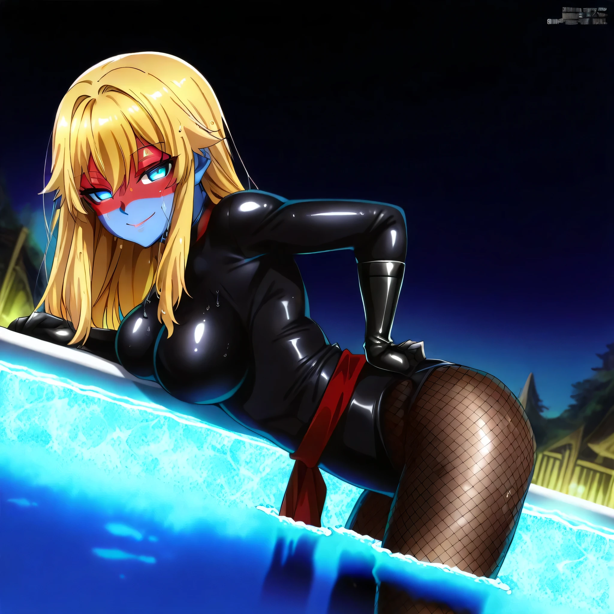 (((Masterpiece))), (((Best Quality))), ((Super Detail)), ultra-High resolution, score_9,score_8_up,score_7_up,score_6_up,score_5_up,score_4_up, BREAK, source_anime, anime screencap, uncensored, Masterpiece, (best shadow), (absurdres), (detailed background), (very aesthetic), detailed beautiful eyes, outstanding, an exquisite animation illustration, curvy, highres, shiny clothing, dark persona, empty eyes, blank eyes, shocker, black leotard, latex elbow gloves, brown fishnet pantyhose, red skin, blue skin, colored skin, red sash, makeup, (((solo, 1girl))), hair ornament, pose, submissive pose, anime style, anime coloring, animification, megami magazine, pose, dynamic angle, cinematic angle, dutch angle, dynamic composition, large , venus_wlb, blonde hair, long hair, bangs, hair between eyes, hair intakes, hair flaps, sidelocks, horns, blue eyes, black nails, hand on hip, smile, smile, tilt head, head tilt, side , looking from side, view from side, from side, closed mouth, wet body, wet skin, wet hair, soak, sweat, partially submerged, submerged, night pool, pool side, in pool, in water, standing in water, medieval, fantasy, glowing water, , leaning forward, arched back, night, night scene, elegant pose, calm expression, delicate features, soft lighting, outdoor, shirt pull, adjusting clothes,