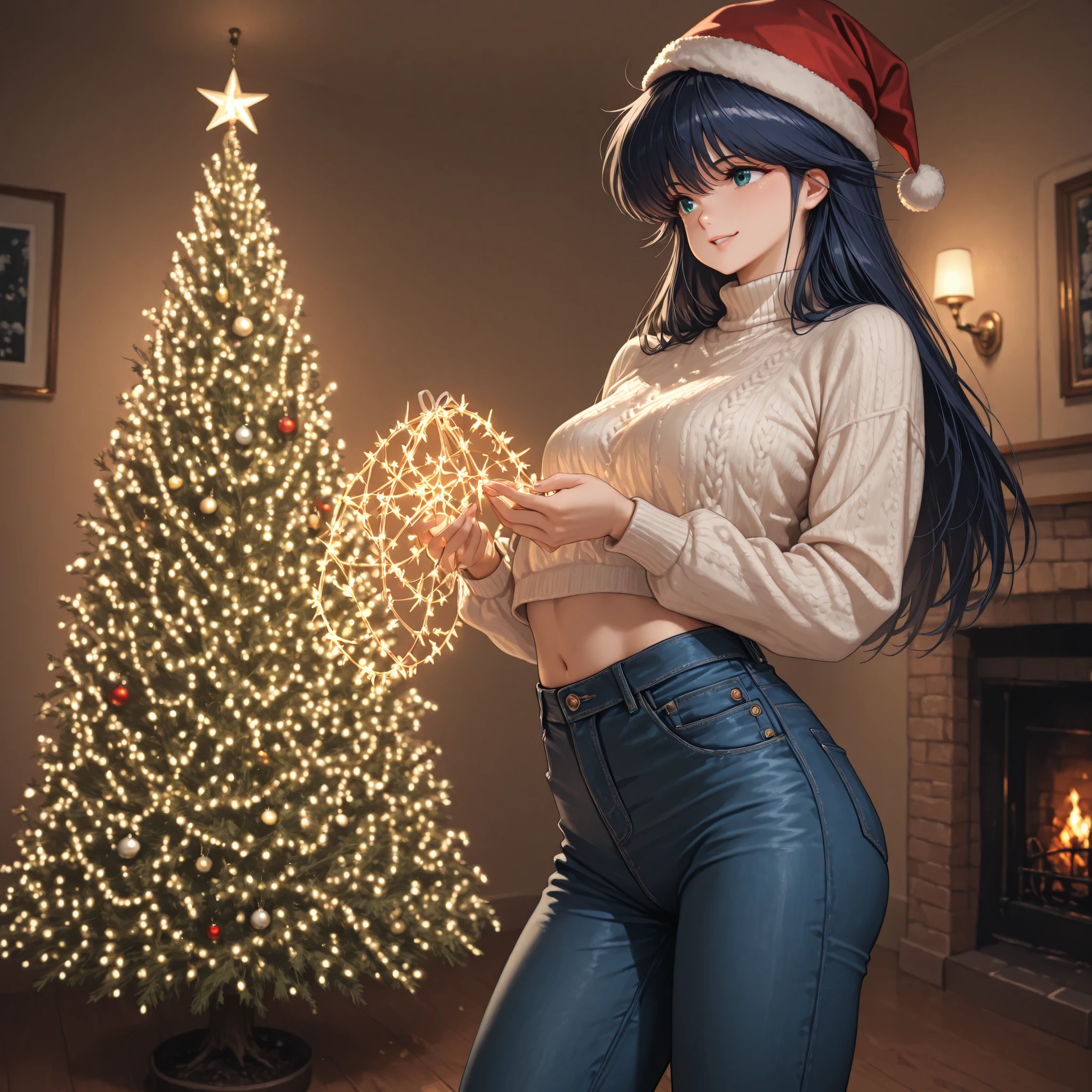 (ayukawa madoka),(1girl),smile,happy,{{masterpiece}}, {{{Highest Quality}}}, {{Super Detailed}}, {{illustration}}, beautiful details,wonderful,Precise Details,very awa,dark blue hair,busty,
white sweater,crop top,low rise jeans,Santa's cap,she is decorating a christmas tree with friend,ornaments,christmas lights,in beautiful room,houseplants,wall lamp,picture,window,fireplace,