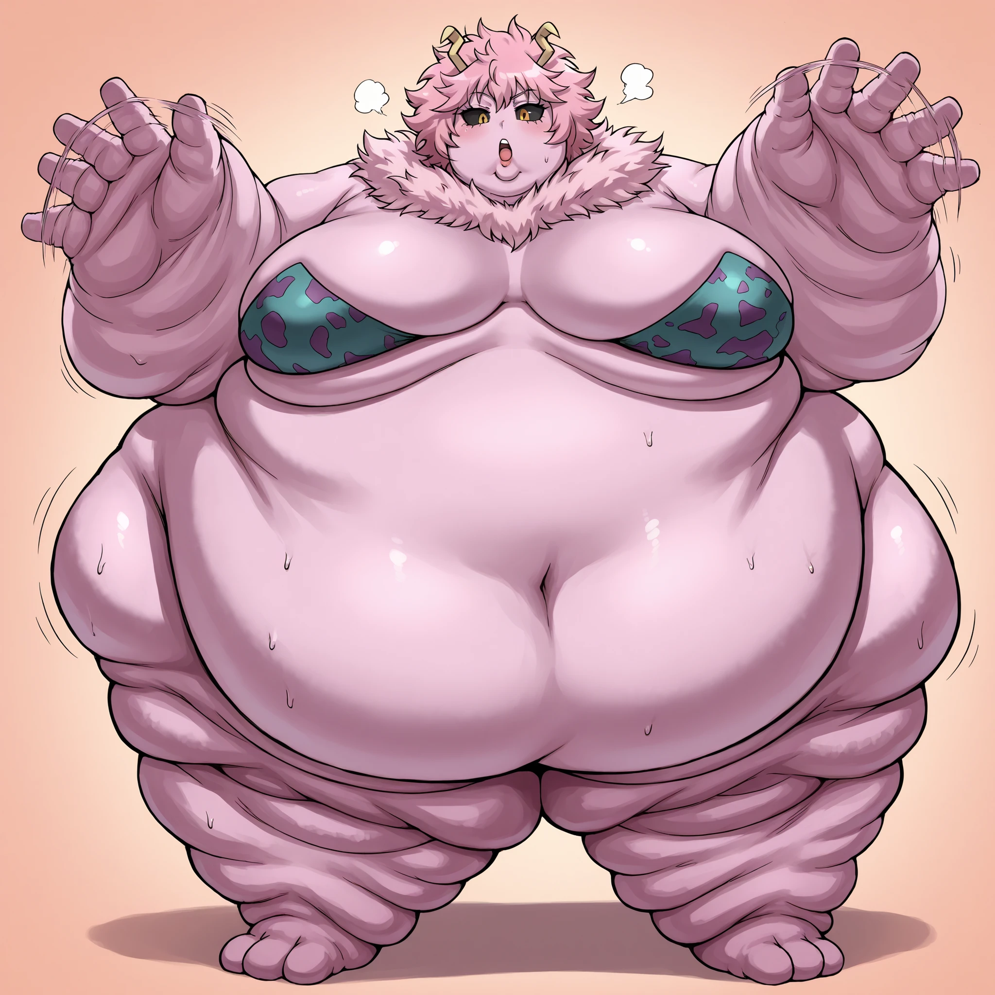 <lora:mina-ashido-anime-ponyxl-lora-nochekaiser:1>, mina ashido, short hair, yellow eyes, pink hair, horns, colored skin, colored sclera, black sclera, pink skin, breasts, fat, chubby, obese, fat neck, multiple chins, big breasts open mouth, out of breath, Larger female, full body shot, only head, large head, oversized limbs, large hands, large feet, oversized feet, oversized fingers, big lips, plump lips, fat face, fupa, big fupa, fat fupa,