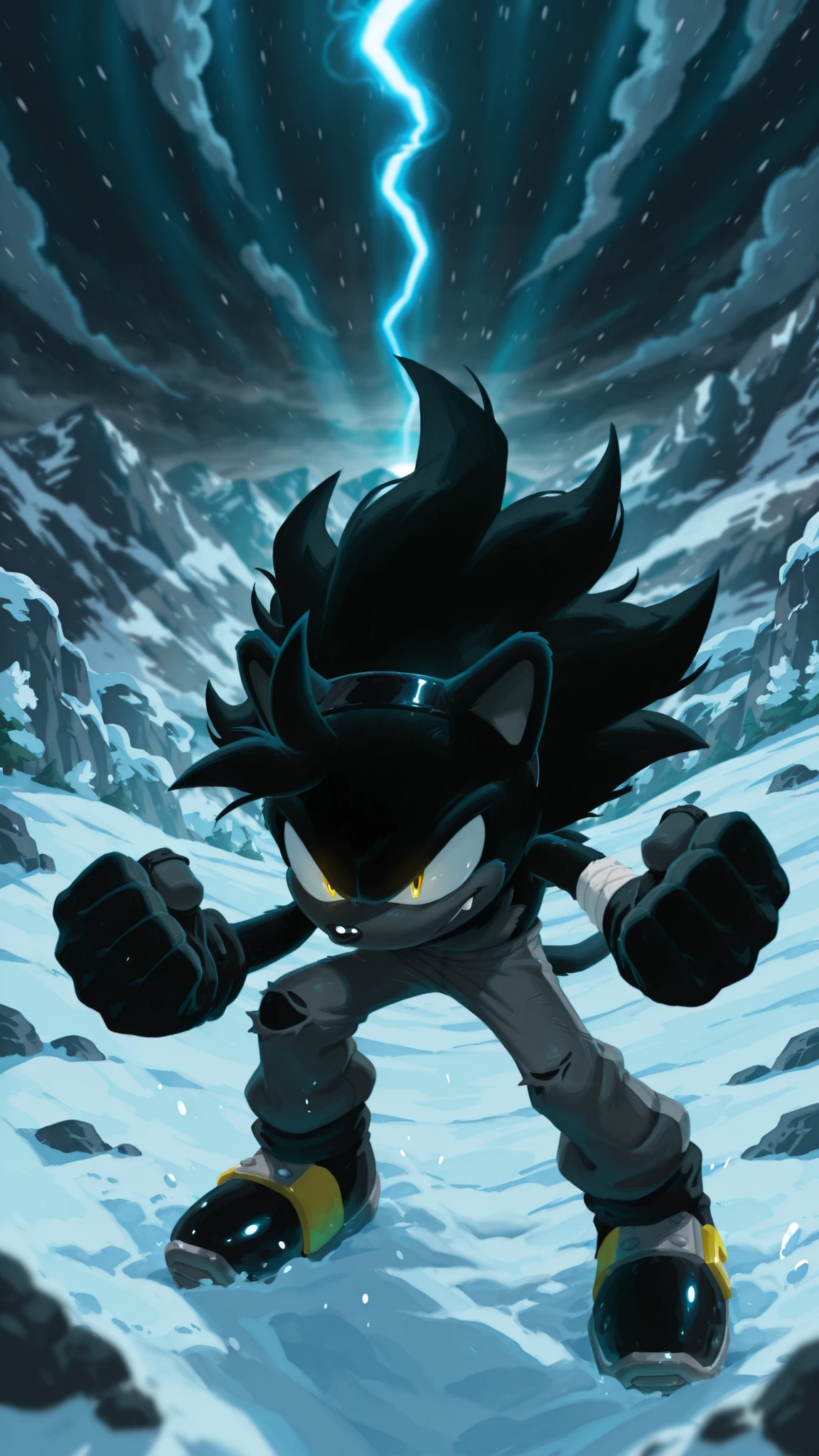 masterpiece, best quality, amazing quality, very aesthetic, high resolution, ultra-detailed, absurdres, newest, scenery, furry, anthro, sonic \(series\), 1boy, male furry, black panther, yellow eyes, gray ripped pants, black shoes, fingerless black gloves, black messy hair, medium hair, bandaged arms, angry face, fight stance, mountain, snow storm, snowy ground, black Headband, fangs, depth of field, detailed fluffy fur, volumetric lighting, full body, onmodelblobian