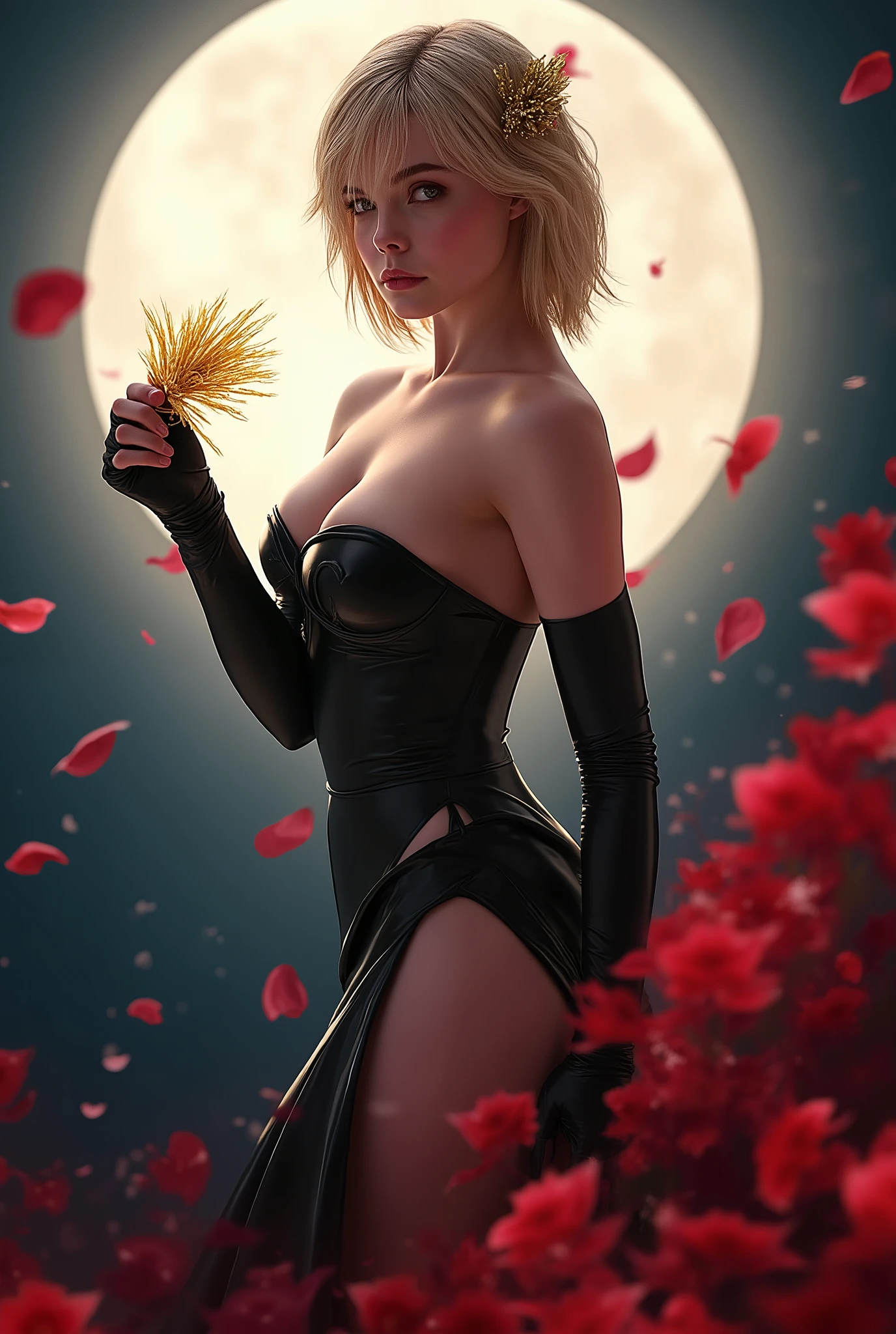 ((ELLE FANNING features: 1.7)),Photo, (((Epic realism: 1.8))), (((Full body shooting angle: 1.8))) Elle Fanning, Photo ultra realista de una chica haciendo cosplay de Yor Forger, an impressive cosplayer ( 22-25 years ), with short wavy blonde hair, light-eyed, slightly tanned skin, athletic and feminine body, small  and hard , Toned Legs, round  and flat abdomen. She wears a sensual version of Yor Forger's black killer costume. She wears a black latex dress with a wide neckline, exposing her beautiful  with her  back, a hair ornament with gold details and long gloves. Holds a flower with a golden hand with a very  pose leaning towards the spectator, with an intense look and a  and mysterious expression. Background with a bright full moon and red petals in the air and suspended dust.  are appreciated. (((adult content: 1.8))). (((exposed : 1.9))) (((: 1.8))
