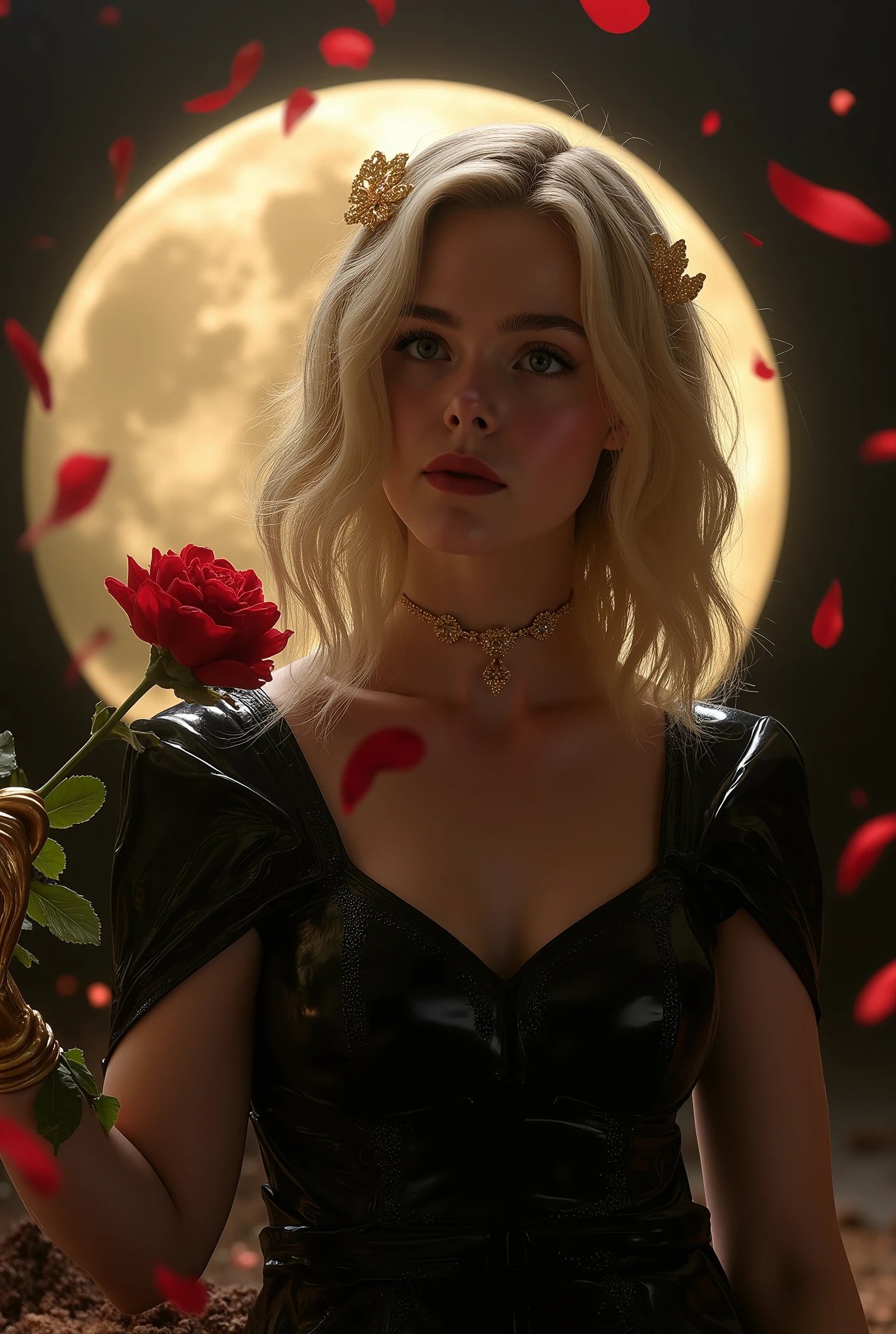((ELLE FANNING features: 1.7)),Photo, (((Epic realism: 1.8))), (((Full body shooting angle: 1.8))) Elle Fanning, Photo ultra realista de una chica haciendo cosplay de Yor Forger, an impressive cosplayer ( 22-25 years ), with short wavy blonde hair, light-eyed, slightly tanned skin, athletic and feminine body, small  and hard , Toned Legs, round  and flat abdomen. She wears a sensual version of Yor Forger's black killer costume. She wears a black latex dress with a wide neckline, exposing her beautiful  with her  back, a hair ornament with gold details and long gloves. Holds a flower with a golden hand with a very  pose leaning towards the spectator, with an intense look and a  and mysterious expression. Background with a bright full moon and red petals in the air and suspended dust.  are appreciated. (((adult content: 1.8))). (((exposed : 1.9))) (((: 1.8))
