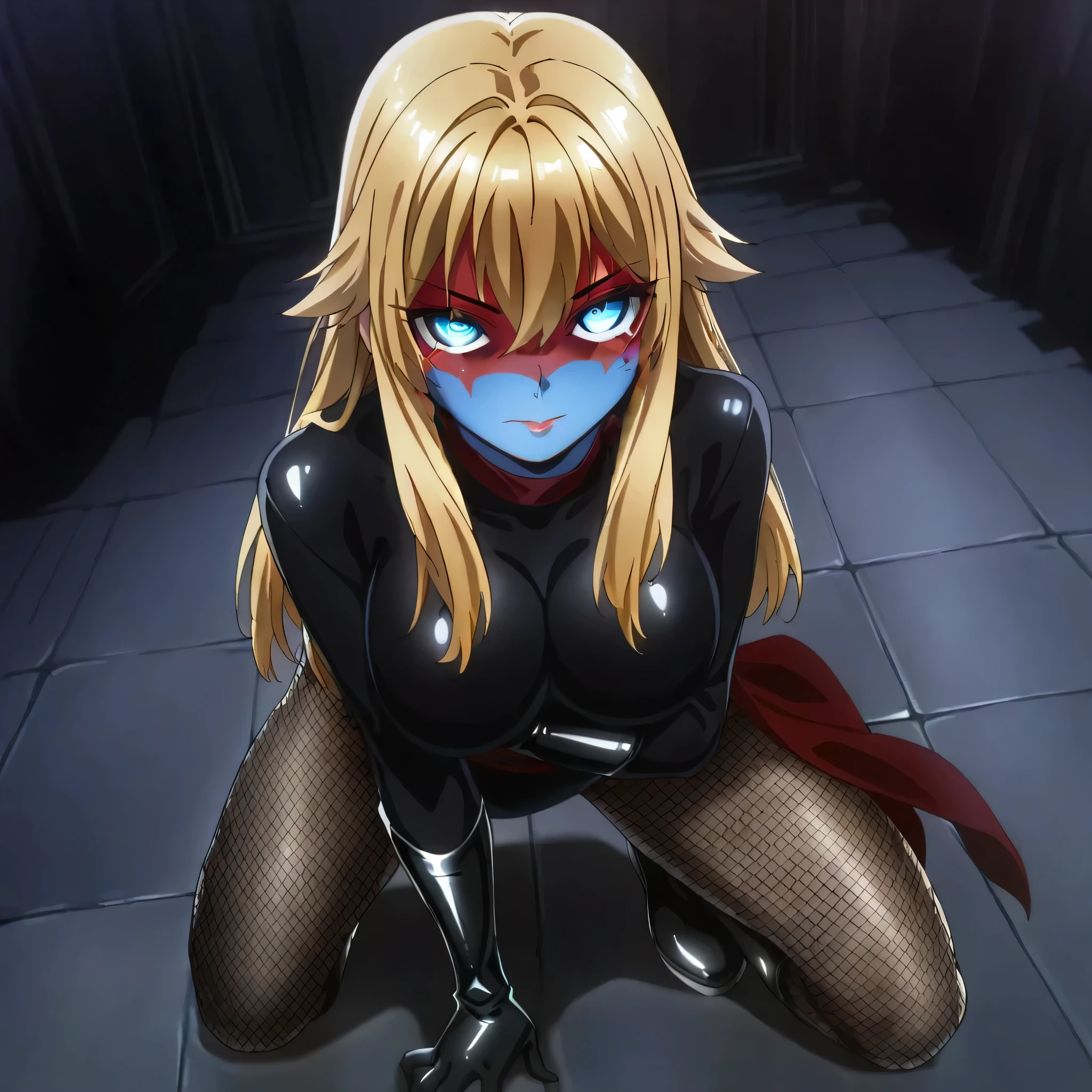 (((Masterpiece))), (((Best Quality))), ((Super Detail)), ultra-High resolution, score_9,score_8_up,score_7_up,score_6_up,score_5_up,score_4_up, BREAK, source_anime, anime screencap, uncensored, Masterpiece, (best shadow), (absurdres), (detailed background), (very aesthetic), detailed beautiful eyes, outstanding, an exquisite animation illustration, curvy, highres, shiny clothing, dark persona, empty eyes, blank eyes, shocker, black leotard, latex elbow gloves, brown fishnet pantyhose, (((blue skin))), colored skin, (((red sash))), makeup, (((solo, 1girl))), hair ornament, pose, submissive pose, anime style, anime coloring, animification, megami magazine, pose, dynamic angle, cinematic angle, dutch angle, dynamic composition, large , venus_wlb, blonde hair, long hair, bangs, hair between eyes, hair intakes, hair flaps, sidelocks, horns, blue eyes, black nails, hand on , serious, serious expression, looking from above, view from above, from above, devoted, proudly, determined, confident, full body, kneeling, on one knee, arm on , palace interior, fantasy, medieval, dark theme, horror theme, looking at viewer, wide shot, neck