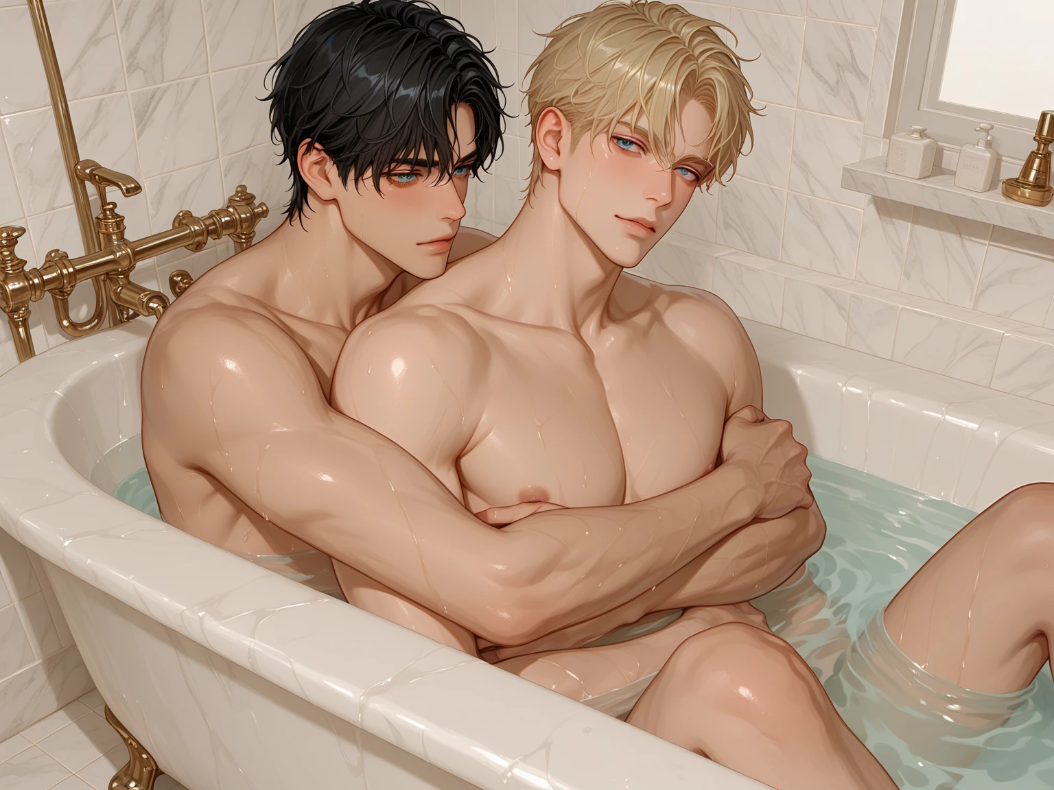 handsome muscular man with straight white hair and blue eyes, and a beautiful young man  18 years old perfect build, round soft buttocks, he has elf ears,  torso, tight clothes, masculine, defined eyes, ,  torso,  chest, pecs, defined details, 4k, maximum resolution, full hd, high quality, big ,  ((((surrounded by giant black  writhing wet , phalluses, )))