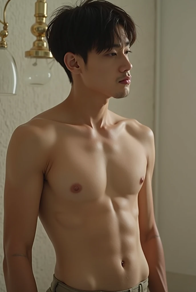 young man, 24 years old, Good looking, Looks like a Korean actor, หน้าตาเหมือน K pop idol, ใบหน้าhandsome, white skin, small mouth, Slender face, detailed face, very short hair, well care hair, teeth not shown, handsome, Confident eyes, fit, Broad shoulders, have abdominal muscles, , , Stand with your ., Open your legs in an A shape.,  , Simple style studio hosting Art drawing class as a background, bright, outdoor, likes to show off his , clearly shows the , There was one decent sized ., Don't feel embarrassed., Was  for taking pictures, , Shameless, , pose like , act as shameless  model, expression of /, natural light, both eyes are the same, muscular, perfect eyes,  showed,  , Global illumination, tall, full body, tiny waist, soft light, dream light, digital painting, extremely detailed CGI, HD, 8K, 4k background,