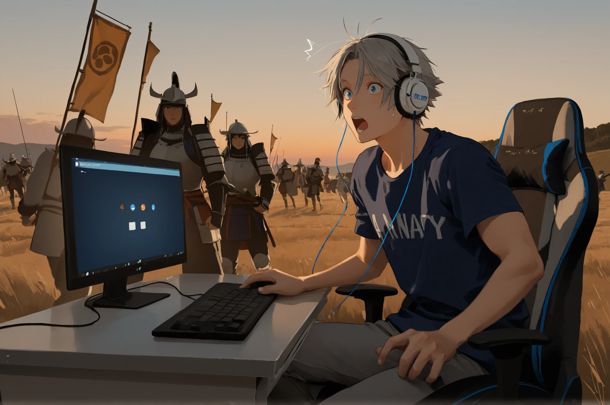 A surprised young man sitting in a modern black and blue gaming chair at a light gray desk with a computer, surrounded by a historical Sengoku period battlefield. The man is wearing a navy blue t-shirt and white headphones, looking around in shock while exclaiming "What is this?!". The computer screen displays the X (formerly Twitter) interface. Behind him, samurai warriors in traditional armor march and prepare for battle, carrying spears and banners. The scene is set in the late afternoon with a warm sky and minimal smoke. Highly detailed, cinematic lighting, fantasy realism, dynamic composition.
