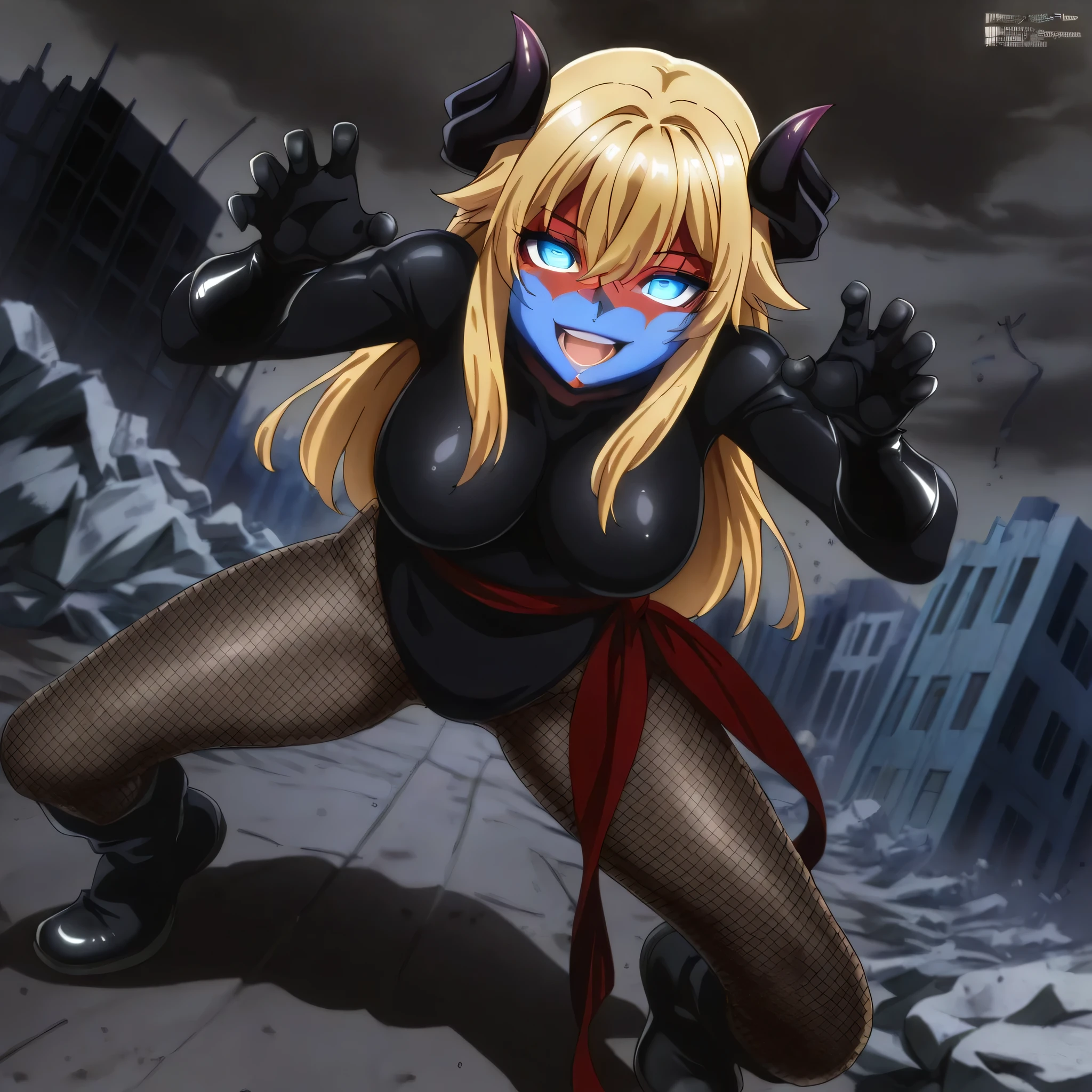 (((Masterpiece))), (((Best Quality))), ((Super Detail)), ultra-High resolution, score_9,score_8_up,score_7_up,score_6_up,score_5_up,score_4_up, BREAK, source_anime, anime screencap, uncensored, Masterpiece, (best shadow), (absurdres), (detailed background), (very aesthetic), detailed beautiful eyes, outstanding, an exquisite animation illustration, curvy, highres, shiny clothing, dark persona, empty eyes, blank eyes, shocker, black leotard, latex elbow gloves, brown fishnet pantyhose, red skin, blue skin, colored skin, red sash, makeup, (((solo, 1girl))), hair ornament, pose, submissive pose, anime style, anime coloring, animification, megami magazine, pose, dynamic angle, cinematic angle, dutch angle, dynamic composition, large , venus_wlb, blonde hair, long hair, bangs, hair between eyes, hair intakes, hair flaps, sidelocks, horns, blue eyes, black nails, evil smile, open mouth, looking from front, view from front, from front, apocalyptic, apocalyptic city, debris, destroyed city, rubble, remains of buildings, dark cloud, outdoors, blood splatter, , full body, , claw pose, standing, spreading legs, bowlegged pose, fighting, fighting stance, dynamic pose, action pose, fantasy, , leaning forward, magic, burning background, black feather, feather fall, medieval, fantasy,
