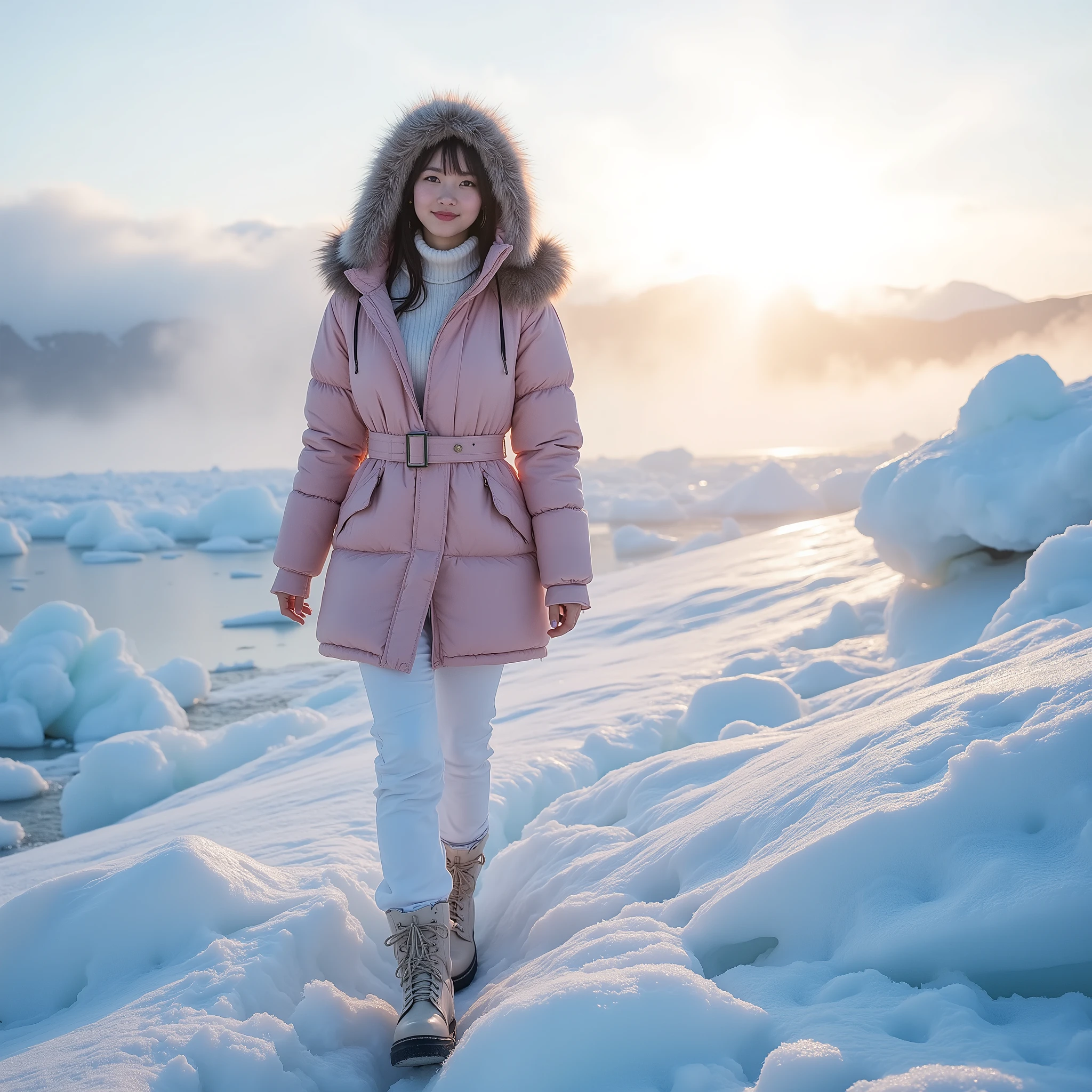 Japanese idol walking on a glacier illuminated by the rising sun、slim silhouette in warm pale pink clothes、lightweight and moderately fitted design、Fur Hood、waist belt、slim white snow pants、Classy boots、butt under pants、clean skin、My cheeks turn red due to the cold、watch viewers, how they take your breath while walking on a glacier、the mysterious blue ice world that unfolds in the surroundings、icicle 、the brilliance of the sun reflecting on the ice、Distant View of the Fog、cool air、My breath freezes white、an atmosphere that combines adventure and beauty、dynamic composition of three hairs、professional landscape photography techniques、clear and detailed expression cleaning the car body,