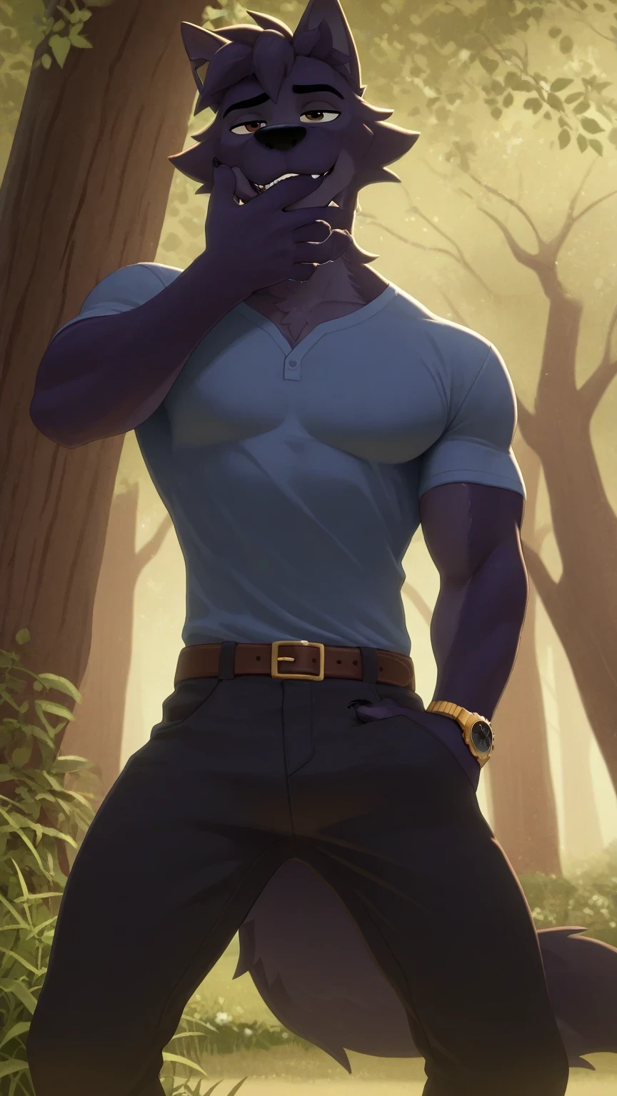 Alone. with no one around ,Canine paws,Feline paws,pads , metacarpal pad, 4 deof the de los pies, claws, detailed paws, [negro] paws,   lupine   ,dark purple by, brown eyes,, eyes, masterpiece,mejor calidad,amazing quality,, Alone,,  black pants,  light blue shirt, For dogs anthro, of the_application_by,[in a park,  trees in the background , green grass,  sunny day,  seductive. salivating,  eyes, Of Cola de Lobo,  Alone, ,  Standing, mirada  seductive, legs apart,  muscular body , IN FRONT OF THE SPECTATOR , male wolf . eyes, Alone, with no one around , belt with simple buckle, Watch on the right hand , looking at the spectator 