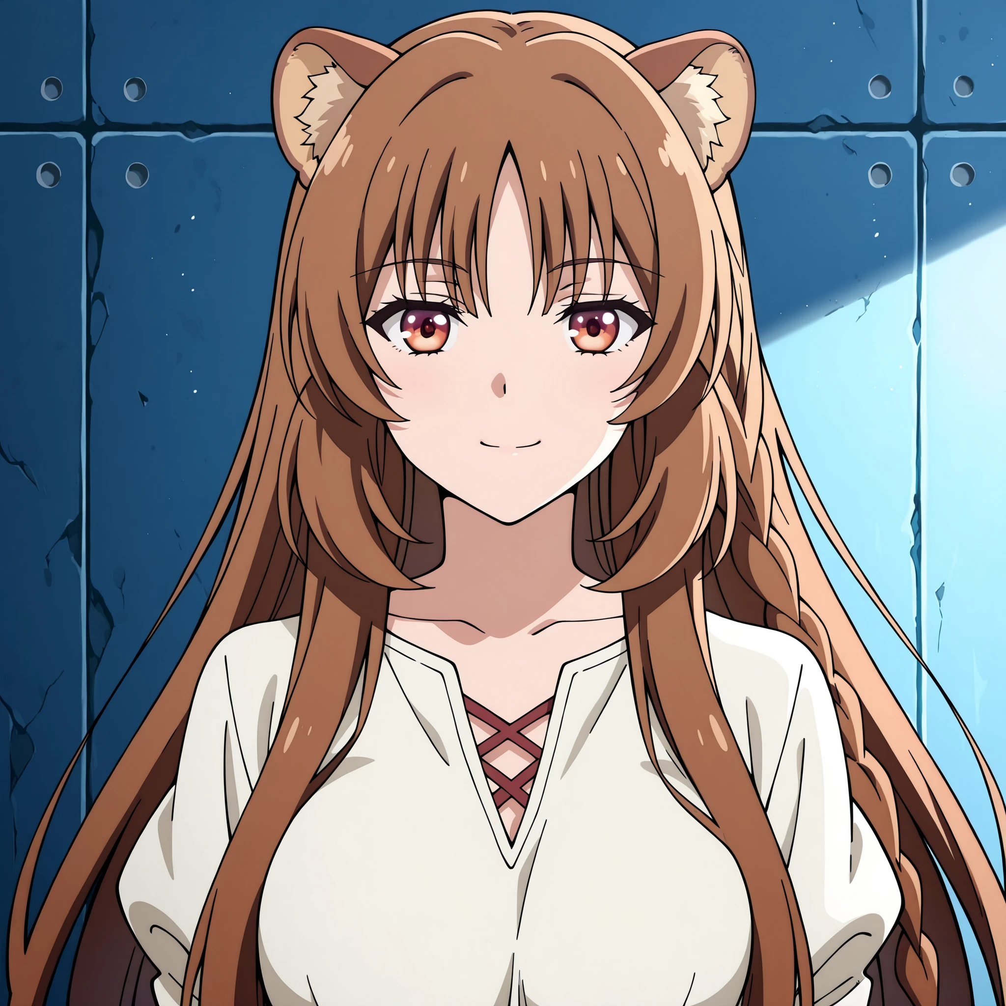 Horikita Suzune . Raphtalia, with orange eyes, a new hairstyle (long hair with a center fringe and a side braid), and rounded ears, is curvy and has large breasts. She stands in the middle of a blue room, with a cheerful and flirtatious expression. The anime's art is highly detailed, with vibrant lighting and a smooth texture.