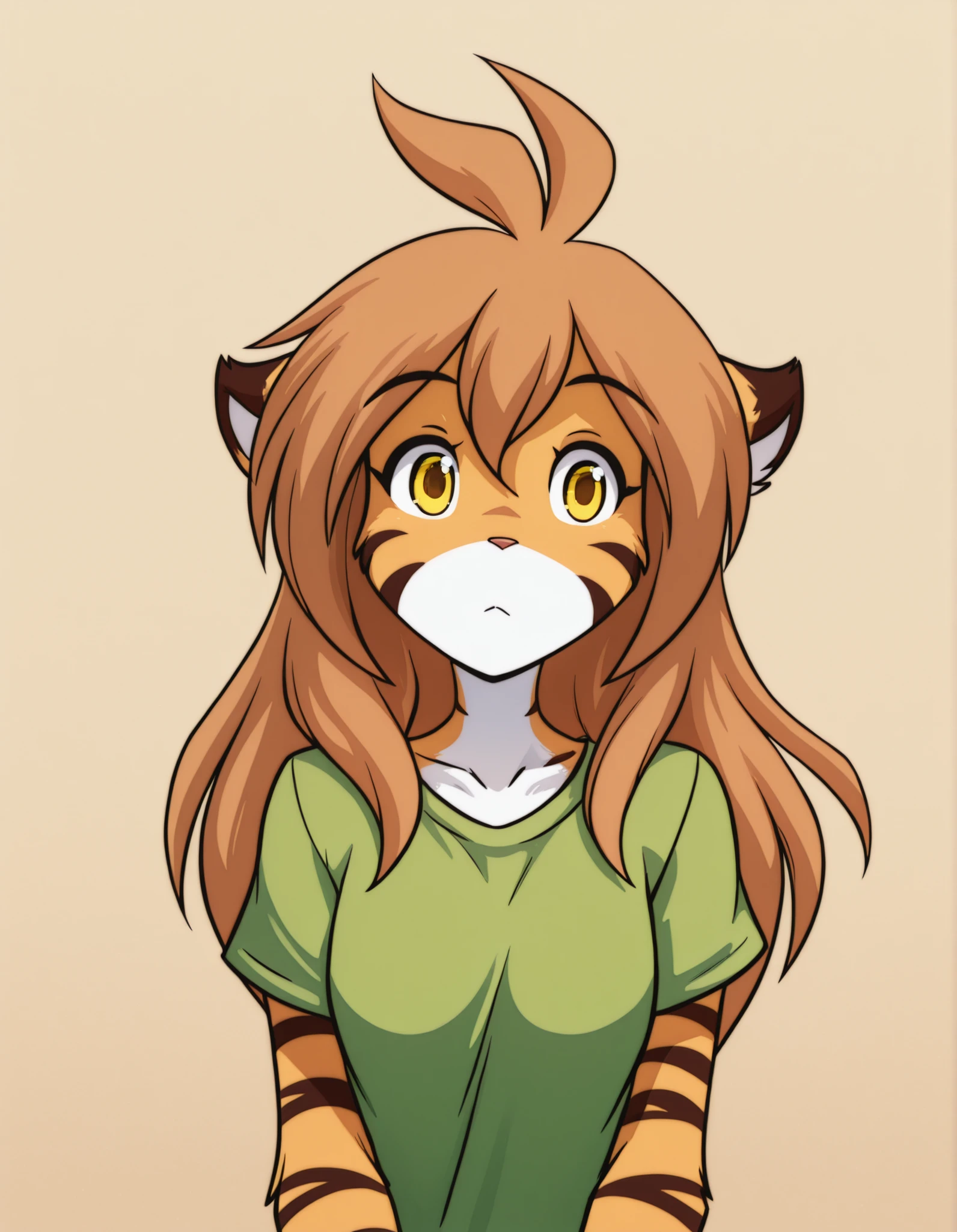 fbi open up!,, furry, solo, flora-twokinds, flora_twokinds,, tiger, striped fur, keidran, yellow eyes, anthro, simple background,,, green shirt